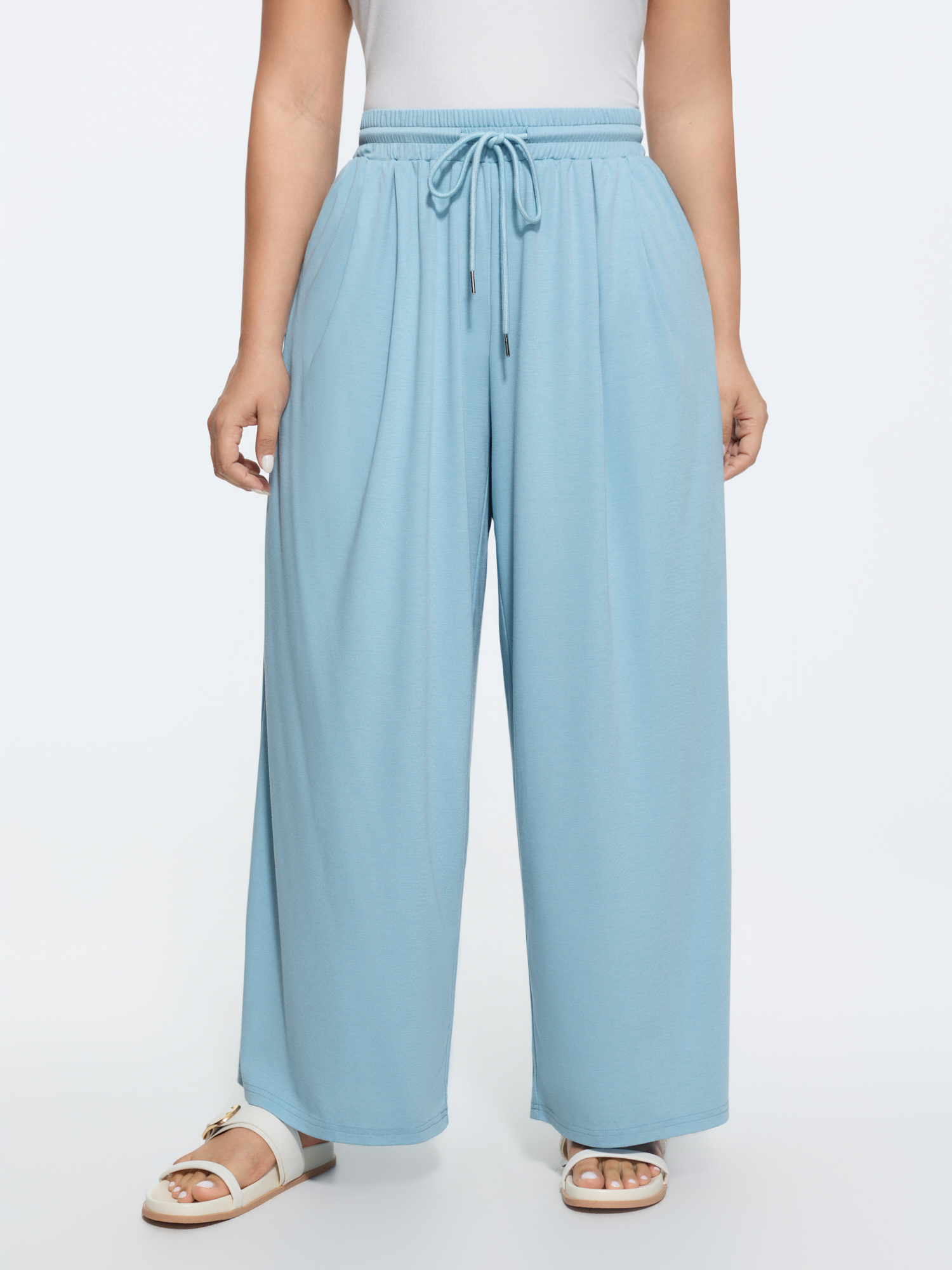 Bloomchic Plain Drawstring Waist Wide Leg Pants In Lightblue