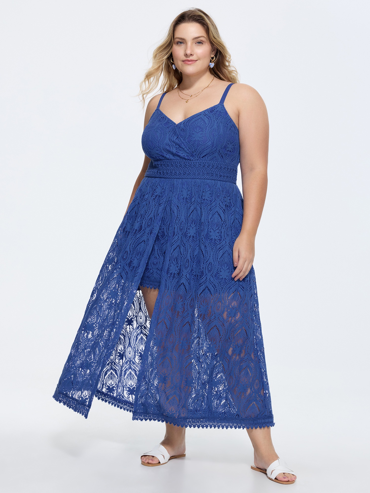 BloomChic Women's Plus Size Lace Textured Shirred Flowy Romper Navy Vacation 10/M-image-48506968146090