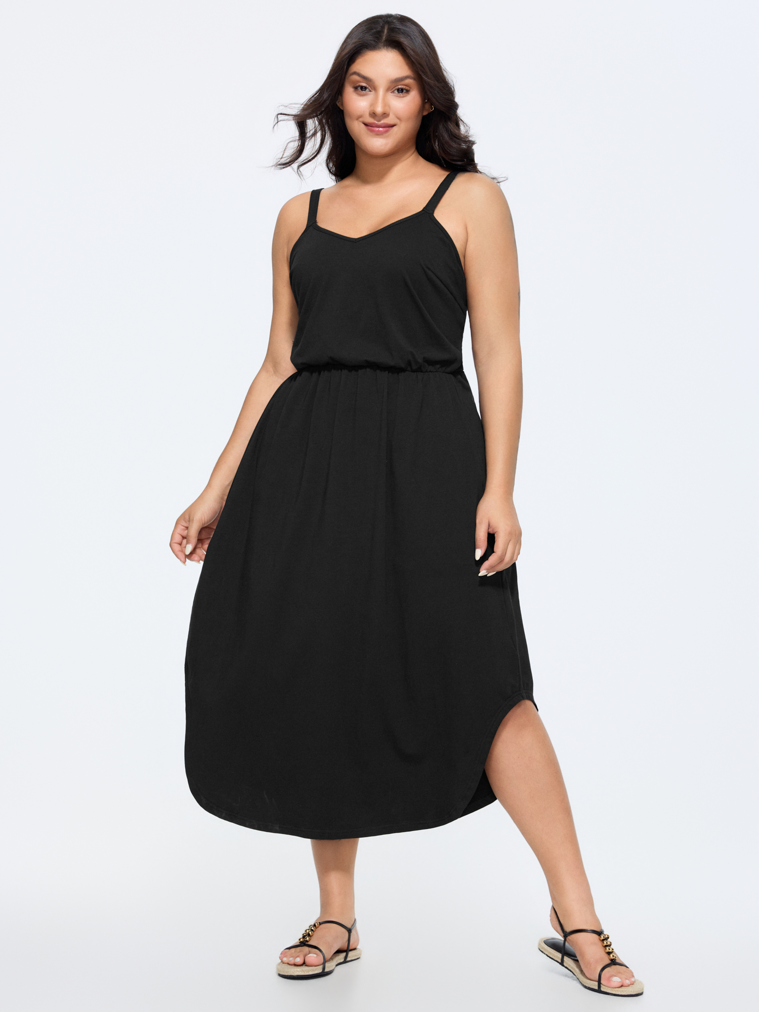 Bloomchic Cotton Adjustable Shoulder Straps Midi Dress In Black