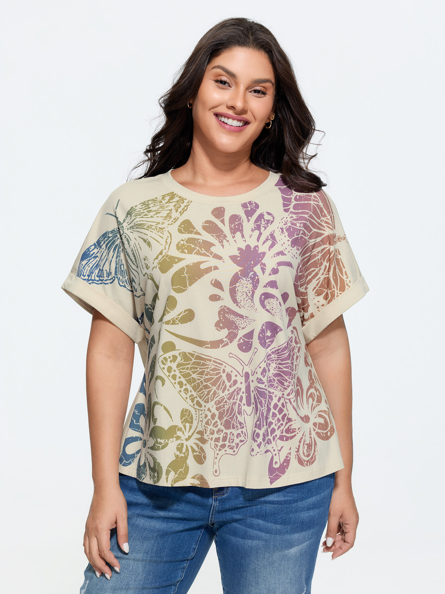 BloomChic Women's Plus Size Cotton Colorful Floral Print Flared Sleeve T-Shirt Ivory Floral Everyday-Casual Short sleeve Round Neck 18-20/2X