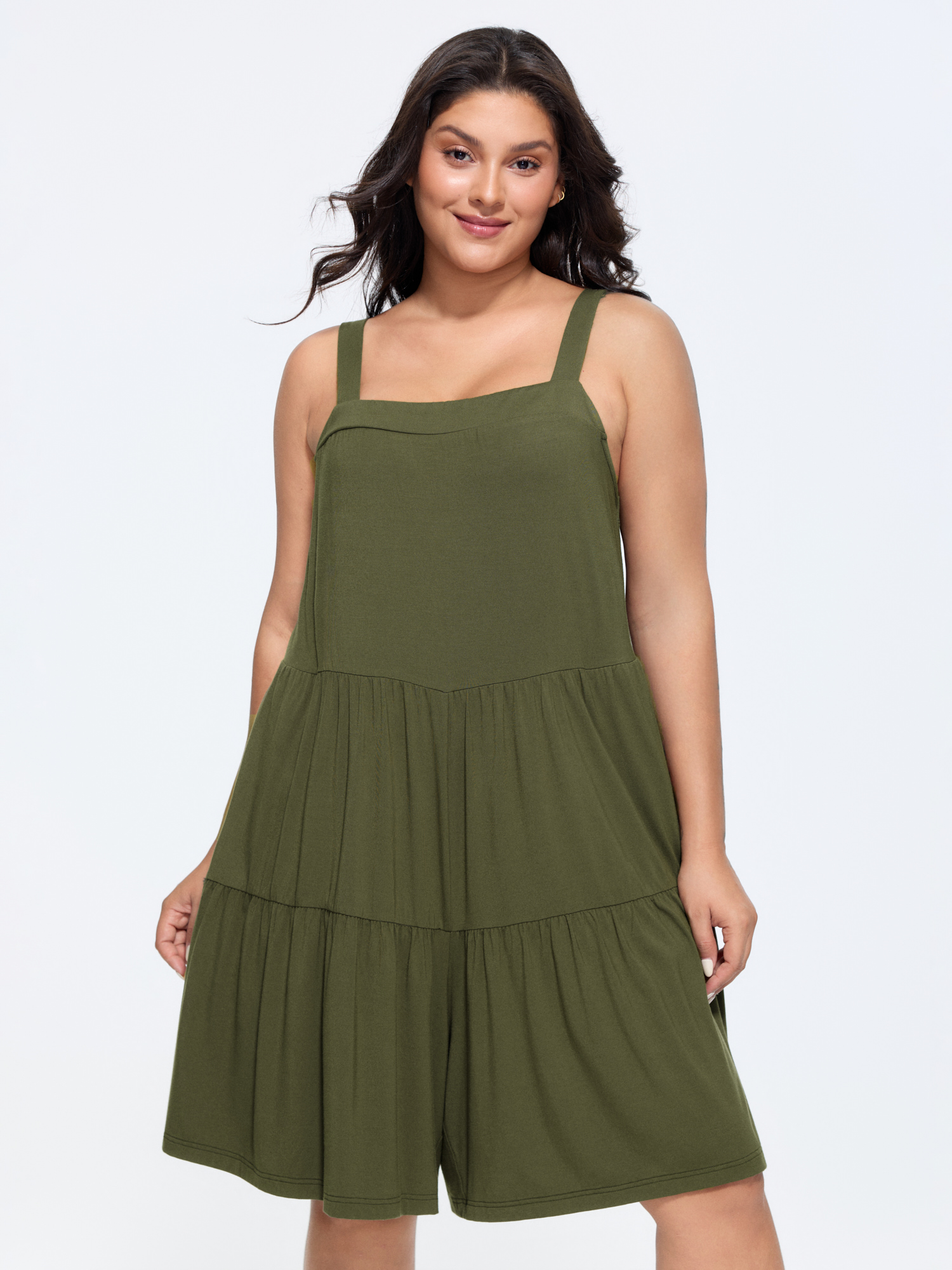 BloomChic Women's Plus Size Supersoft Tiered Square Neckline Romper ArmyGreen Casual 26/4X-image-48392076198058