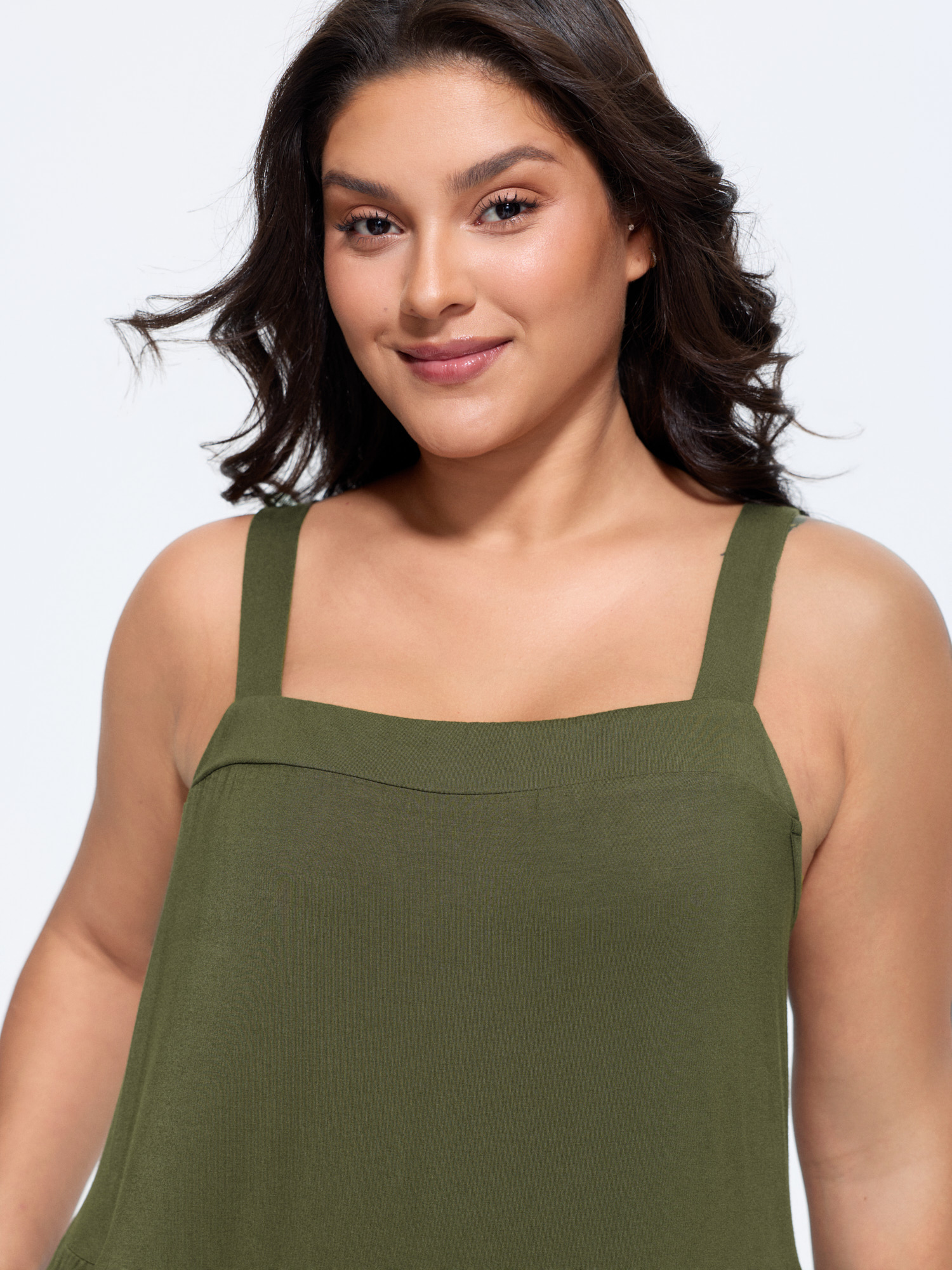 Side view of BloomChic Women's Plus Size Supersoft Tiered Square Neckline Romper ArmyGreen Casual 28/5X
