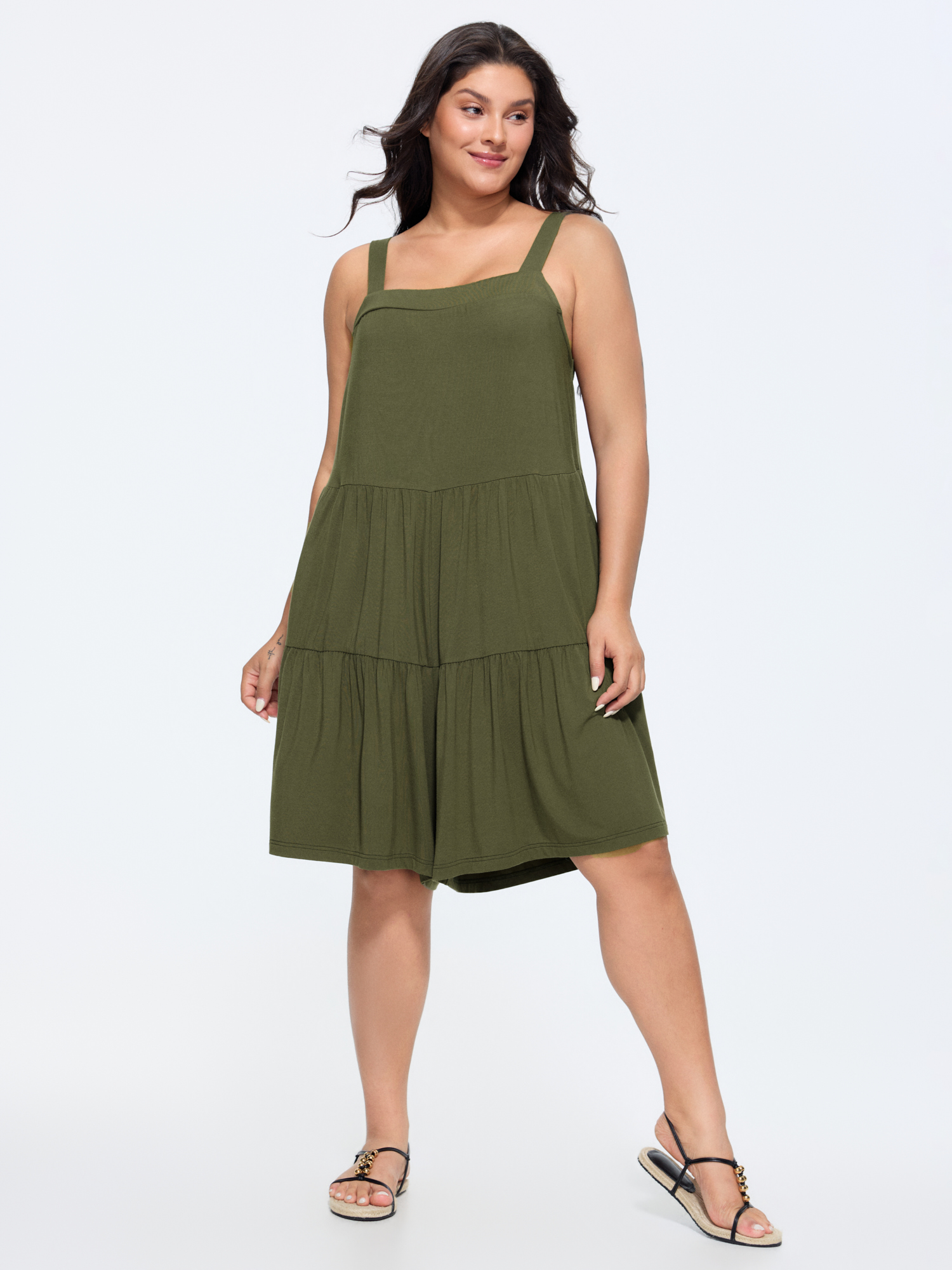 Side view of BloomChic Women's Plus Size Supersoft Tiered Square Neckline Romper ArmyGreen Casual 28/5X