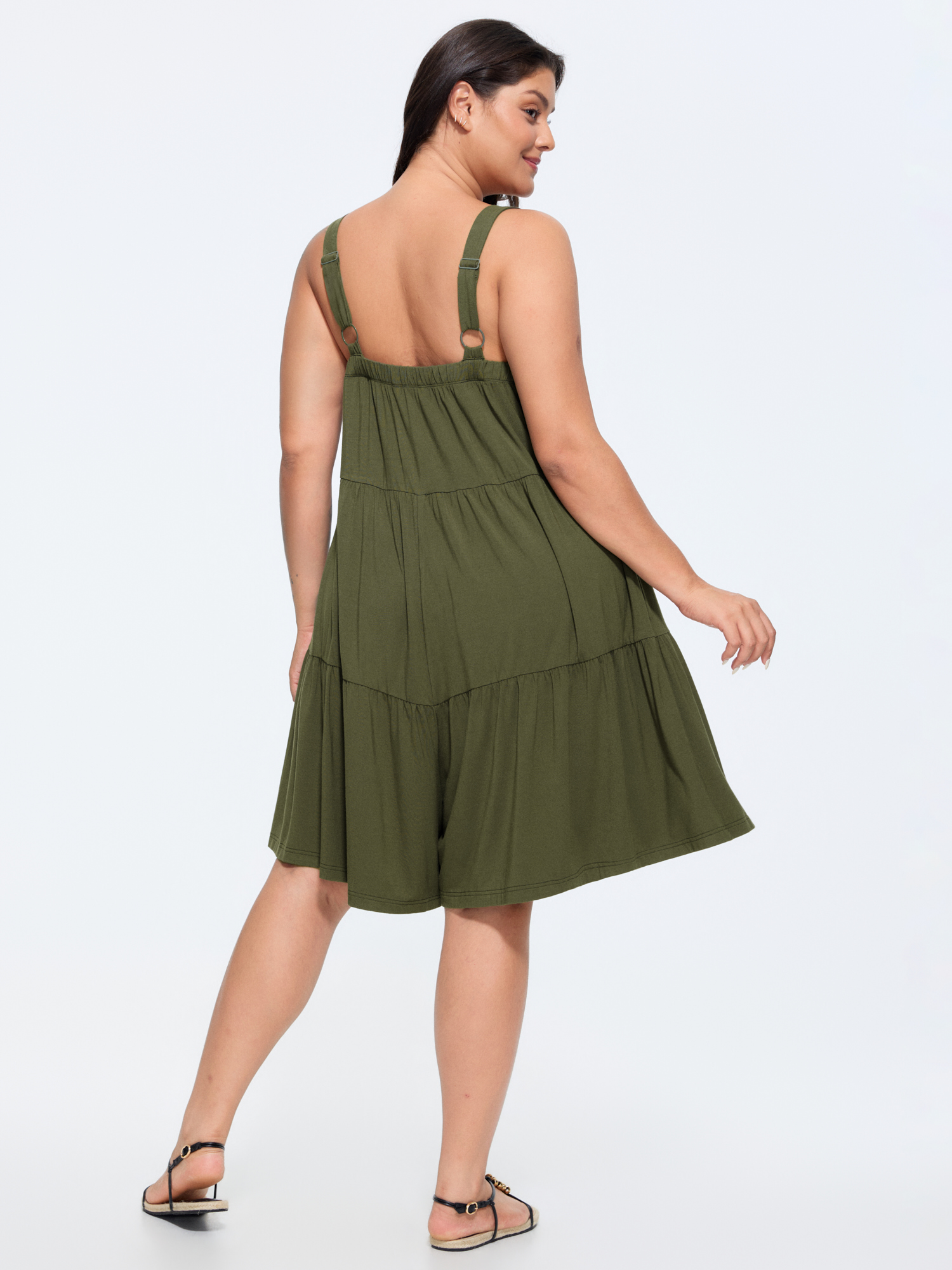 Side view of BloomChic Women's Plus Size Supersoft Tiered Square Neckline Romper ArmyGreen Casual 28/5X
