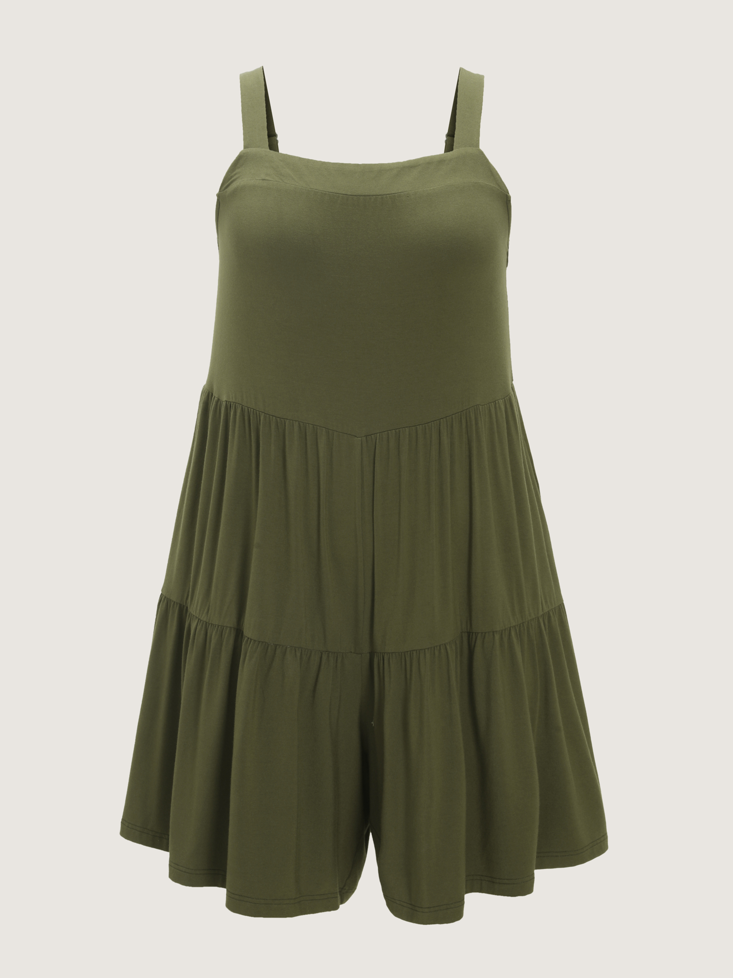Side view of BloomChic Women's Plus Size Supersoft Tiered Square Neckline Romper ArmyGreen Casual 28/5X