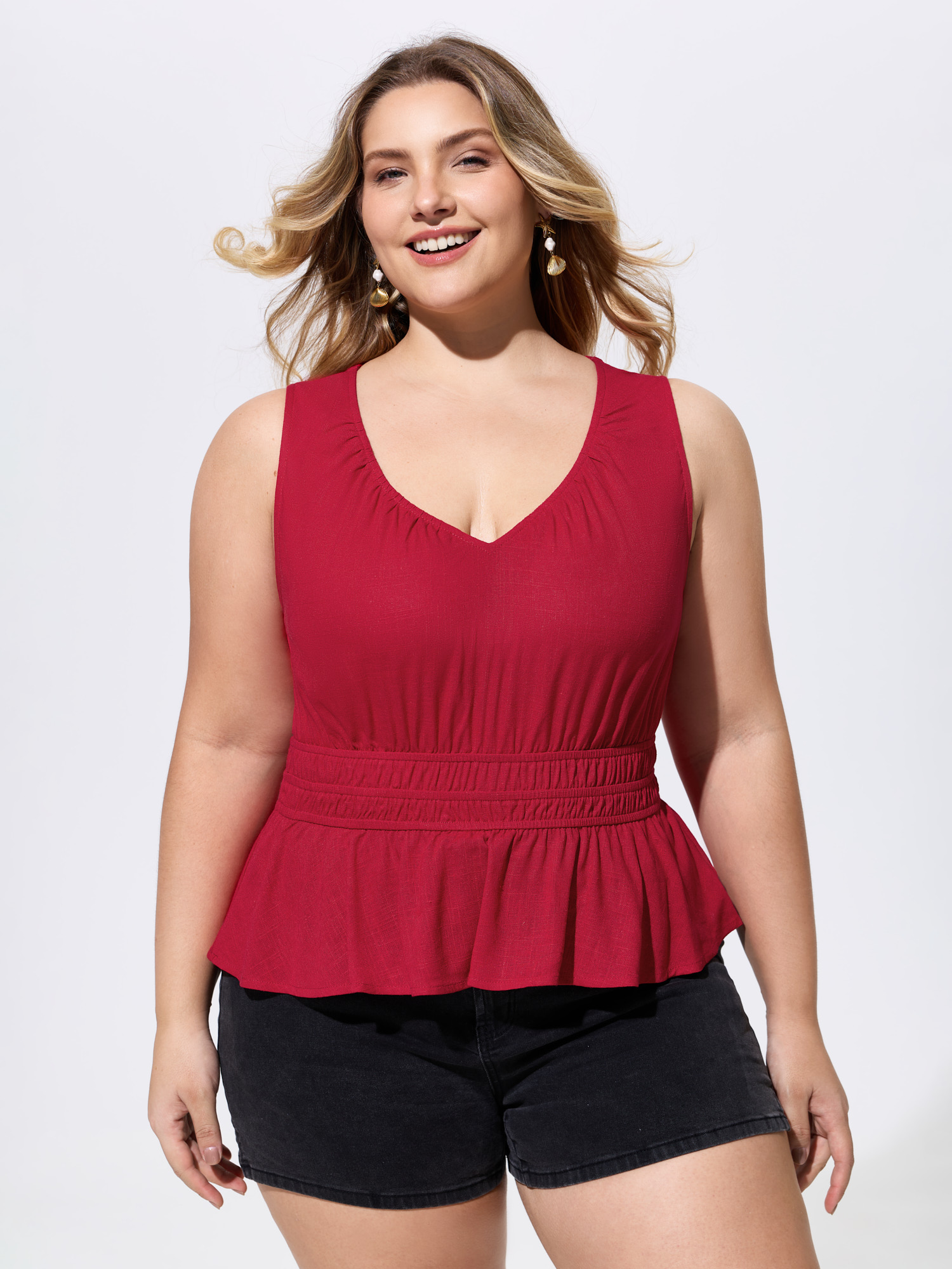 BloomChic Women's Plus Size Linen Blend Shirred Waist Plain Tank Top Crimson Vacation Fit & Flare V-Neck 10/M