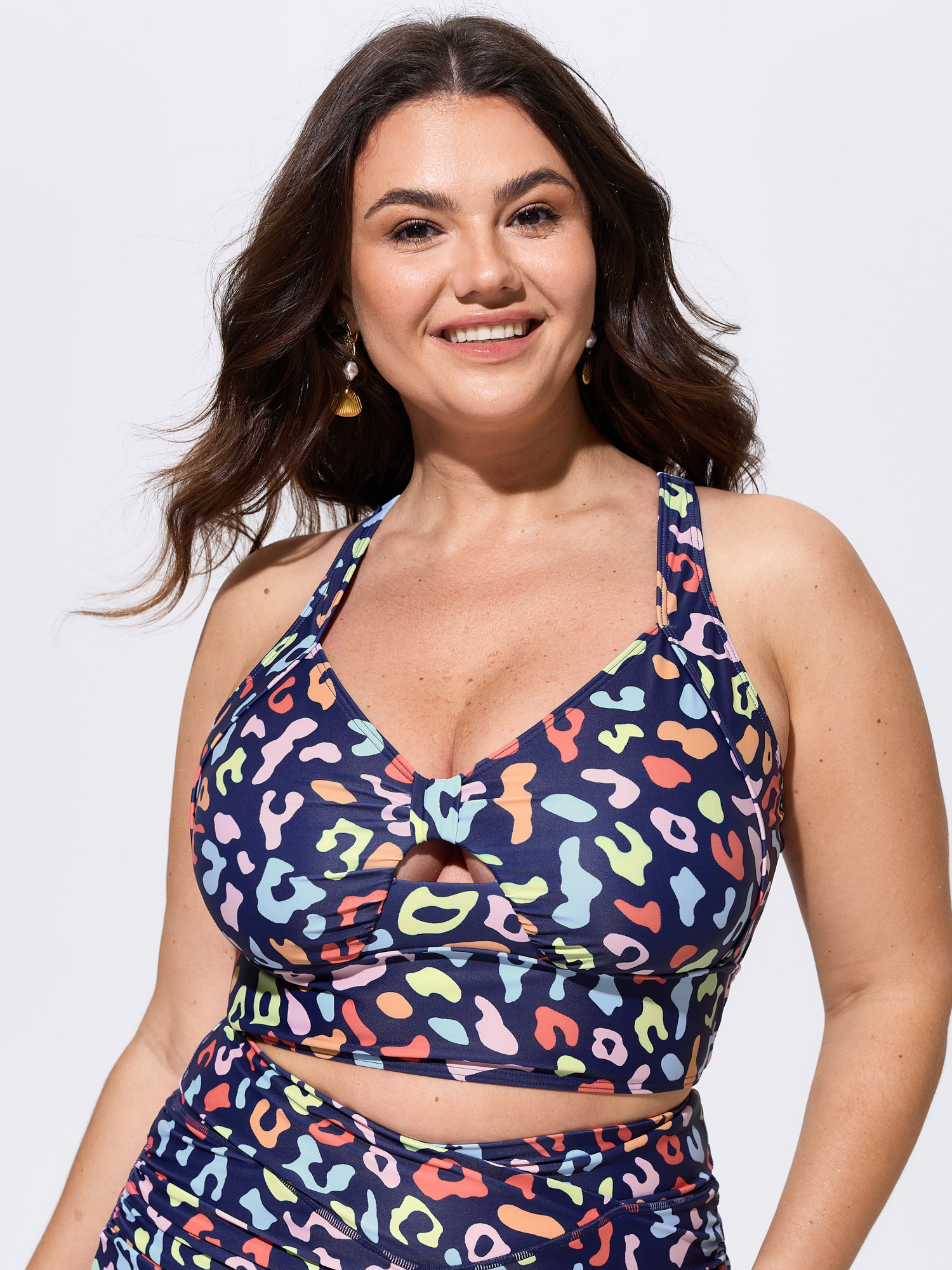 BloomChic Women's Plus Size Colorful Leopard Print Cut-Out Bikini Top Indigo Leopard Sleeveless Cut-Out 10/M