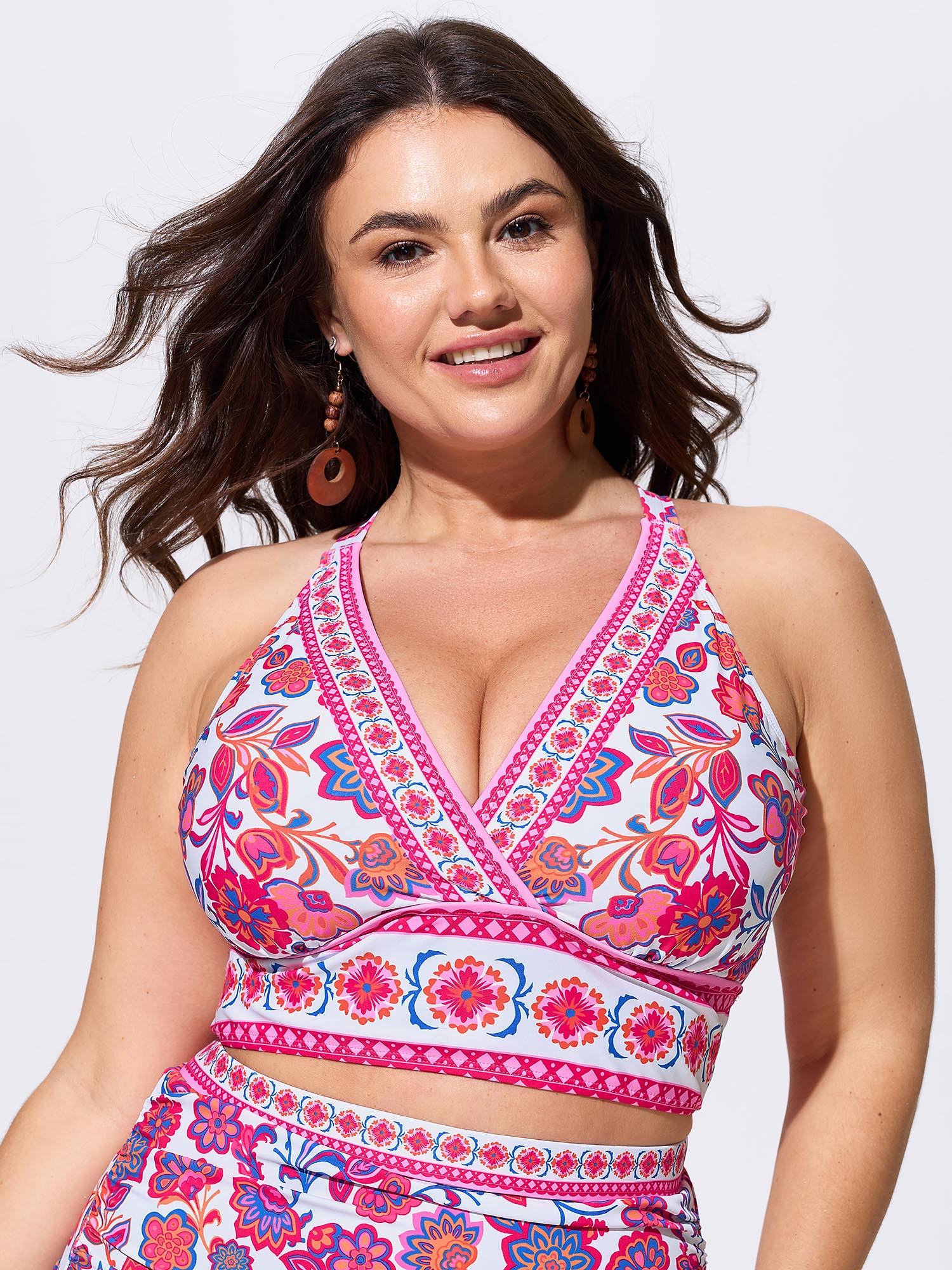 BloomChic Women's Plus Size Floral Print Cut-Out Back Swim Top Peach Floral Non Tummy Control 10/M