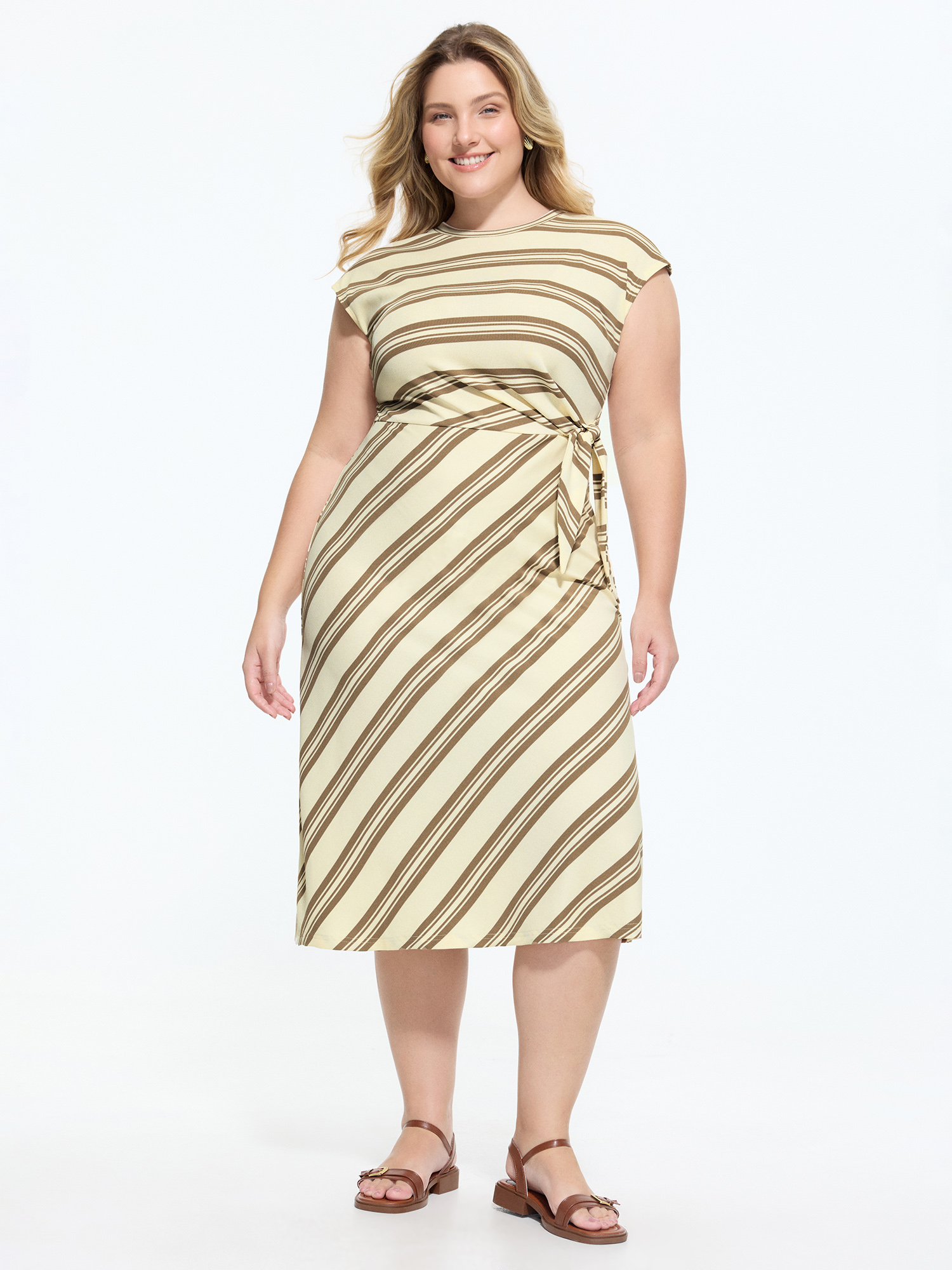 BloomChic Women's Plus Size Striped Print Side-Knotted Midi Dress Beige Stripes Midi Everyday-Casual Bowknot 10/M