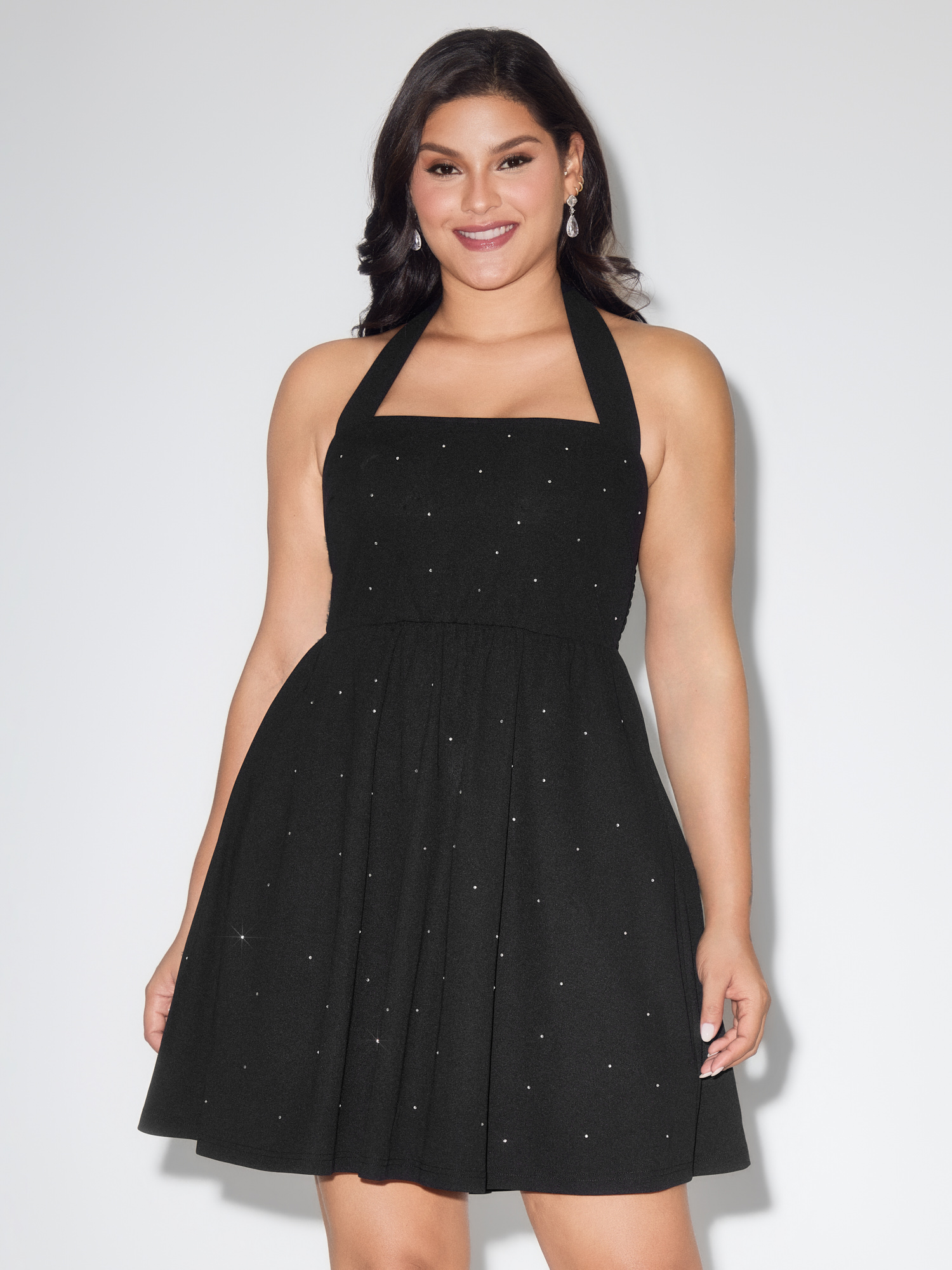 BloomChic Women's Plus Size Stretchy Rhinestone Halter Neckline Mini Dress Pureblack Party Knee Length Rhinestone detailing Halter Neck 28/5X-image-48402280349866