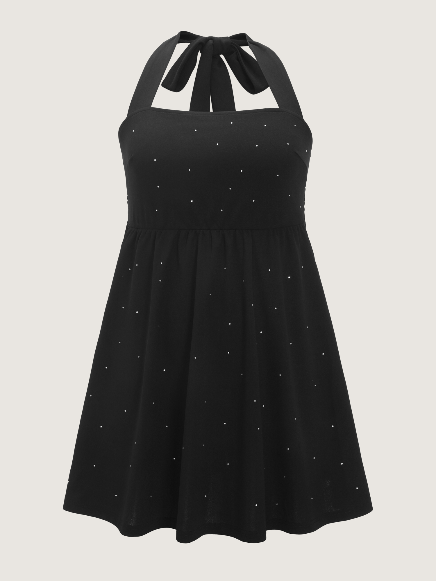 Side view of BloomChic Women's Plus Size Stretchy Rhinestone Halter Neckline Mini Dress Pureblack Party Knee Length Rhinestone detailing Halter Neck 18-20/2X