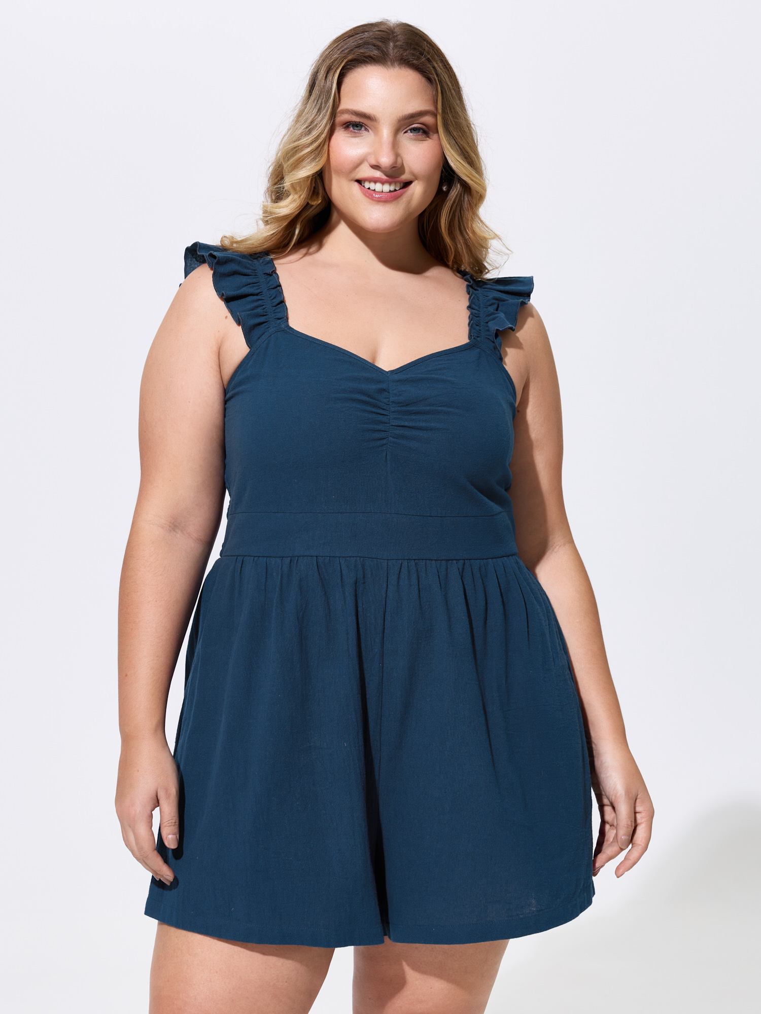 BloomChic Women's Plus Size Cotton Ruffled Straps Sweetheart Neckline Romper DarkBlue Vacation 12/L-image-48402169692330