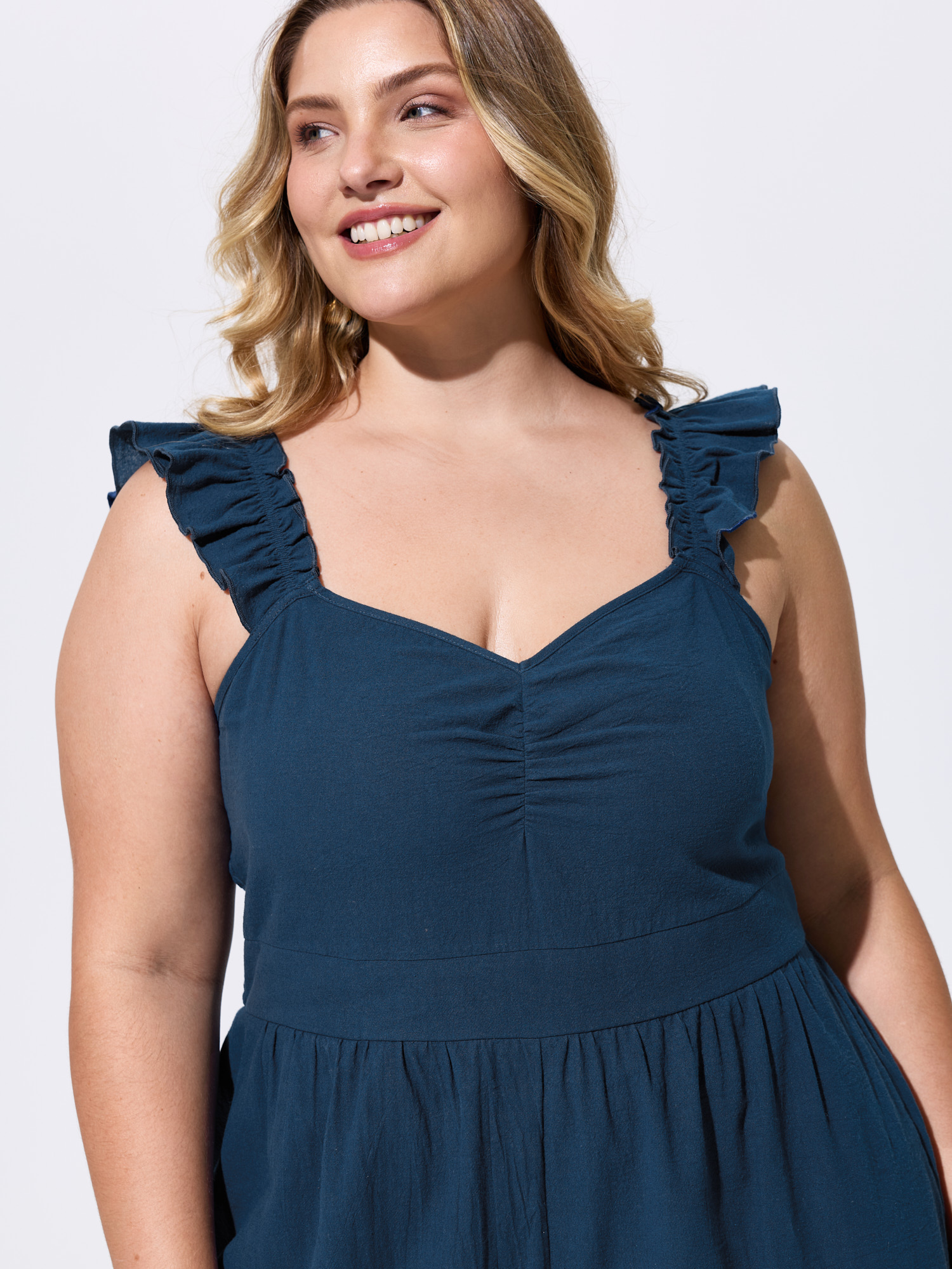 Side view of BloomChic Women's Plus Size Cotton Ruffled Straps Sweetheart Neckline Romper DarkBlue Vacation 14-16/1X