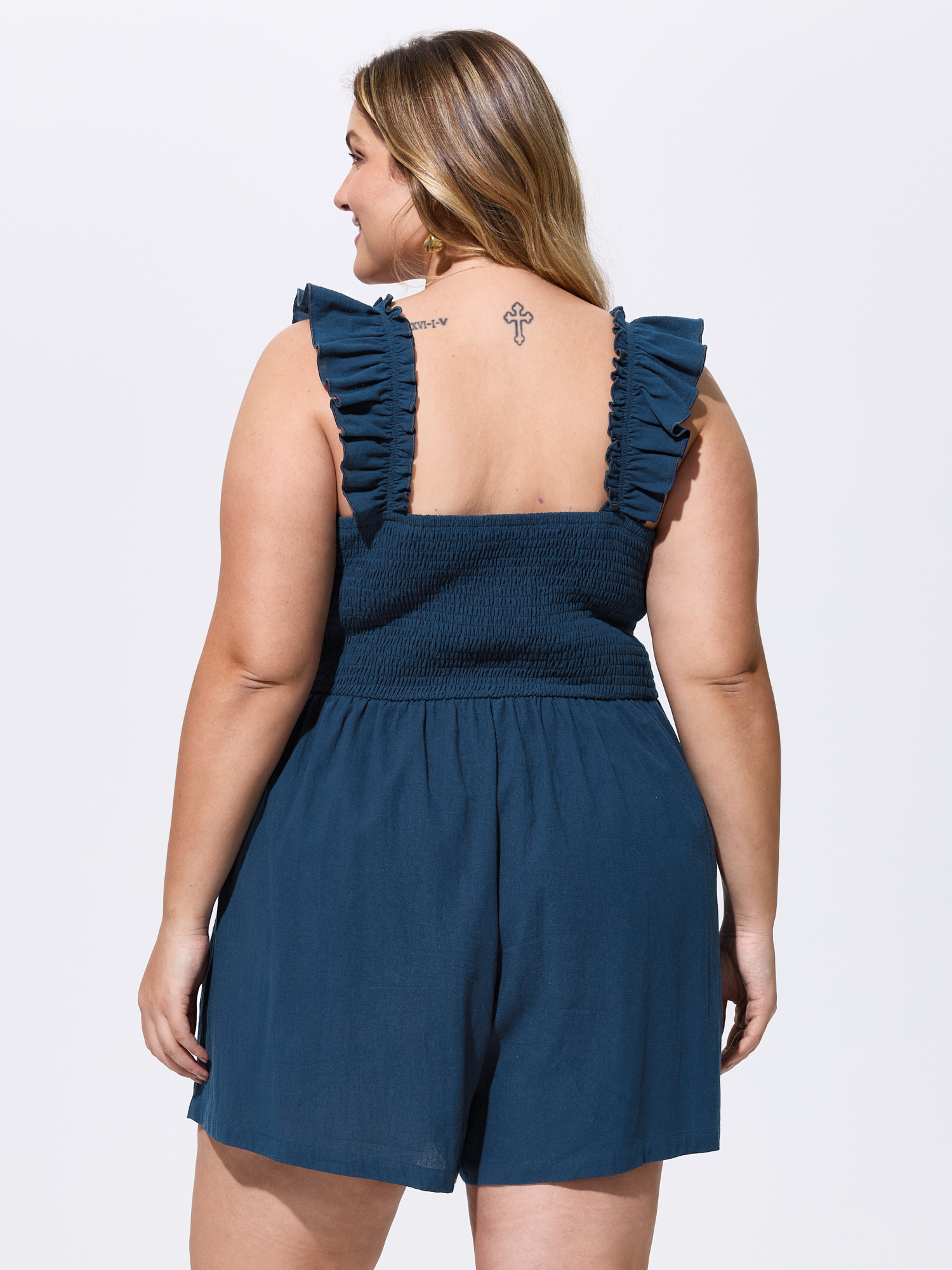 Side view of BloomChic Women's Plus Size Cotton Ruffled Straps Sweetheart Neckline Romper DarkBlue Vacation 14-16/1X
