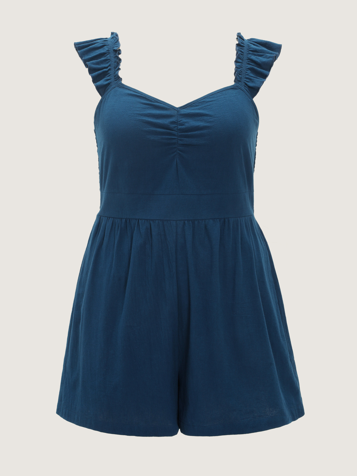 Side view of BloomChic Women's Plus Size Cotton Ruffled Straps Sweetheart Neckline Romper DarkBlue Vacation 14-16/1X