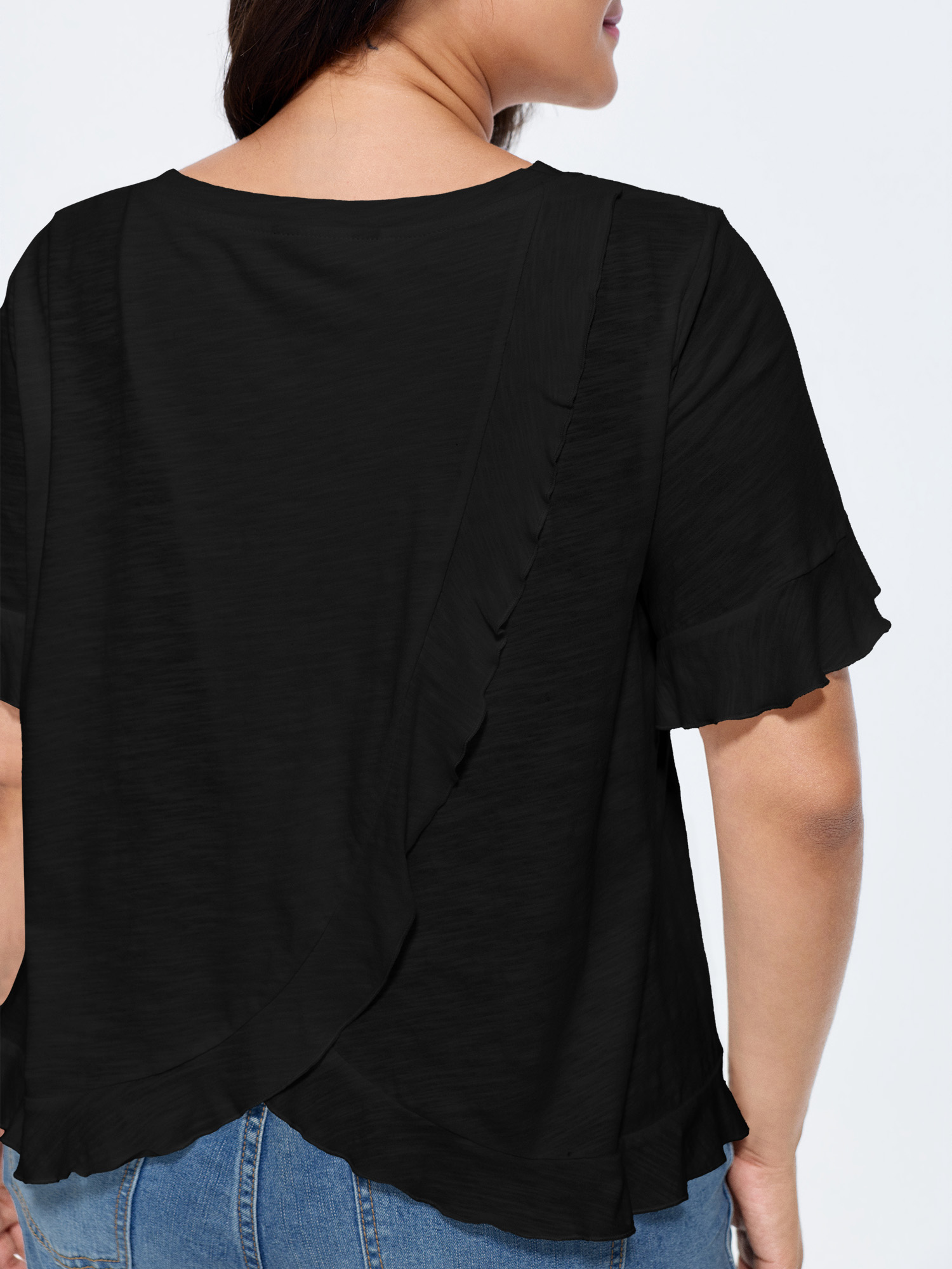 BloomChic Women's Plus Size Cotton Overlap Back Sheer Ruffled T-Shirt Black Solid Everyday-Casual Short sleeve Round Neck 10/M