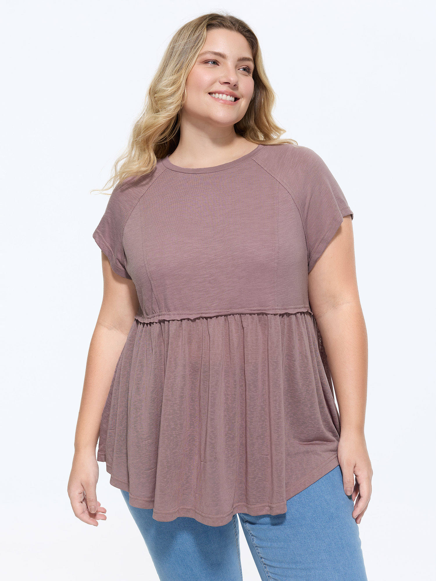 BloomChic Women's Plus Size Plain Curvy Hem Babydoll T-Shirt Mauve Solid Everyday-Casual Short sleeve Round Neck 14-16/1X