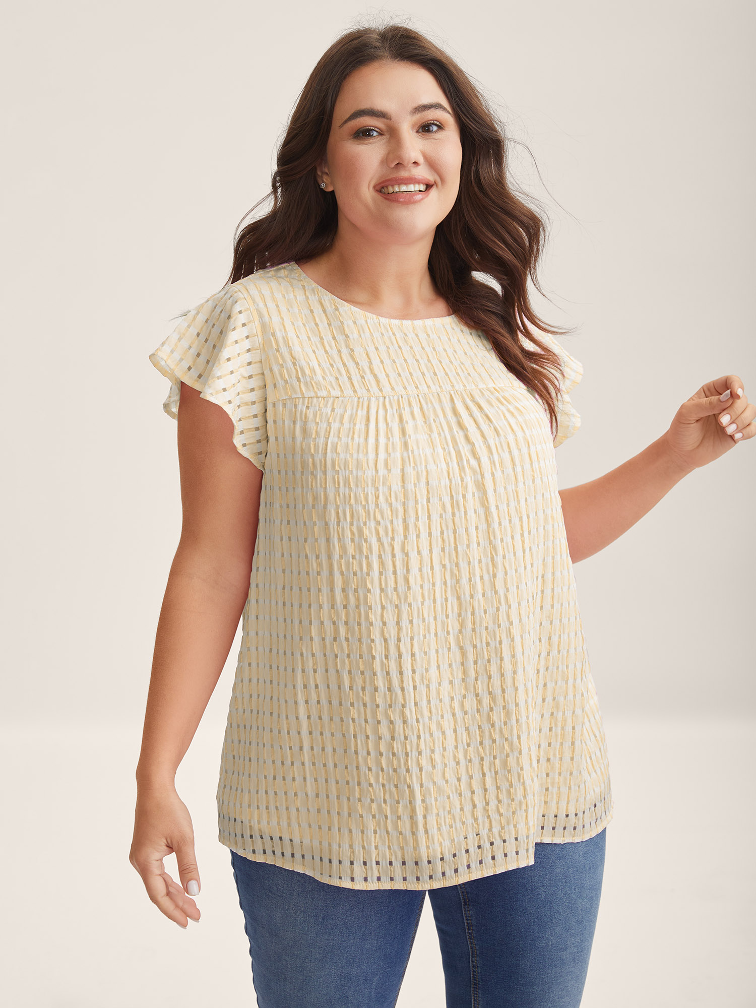 BloomChic Women's Plus Size Textured Sheer Lined Flutter Sleeve Blouse LightBrown Solid Everyday-Casual Short sleeve Round Neck 14-16/1X
