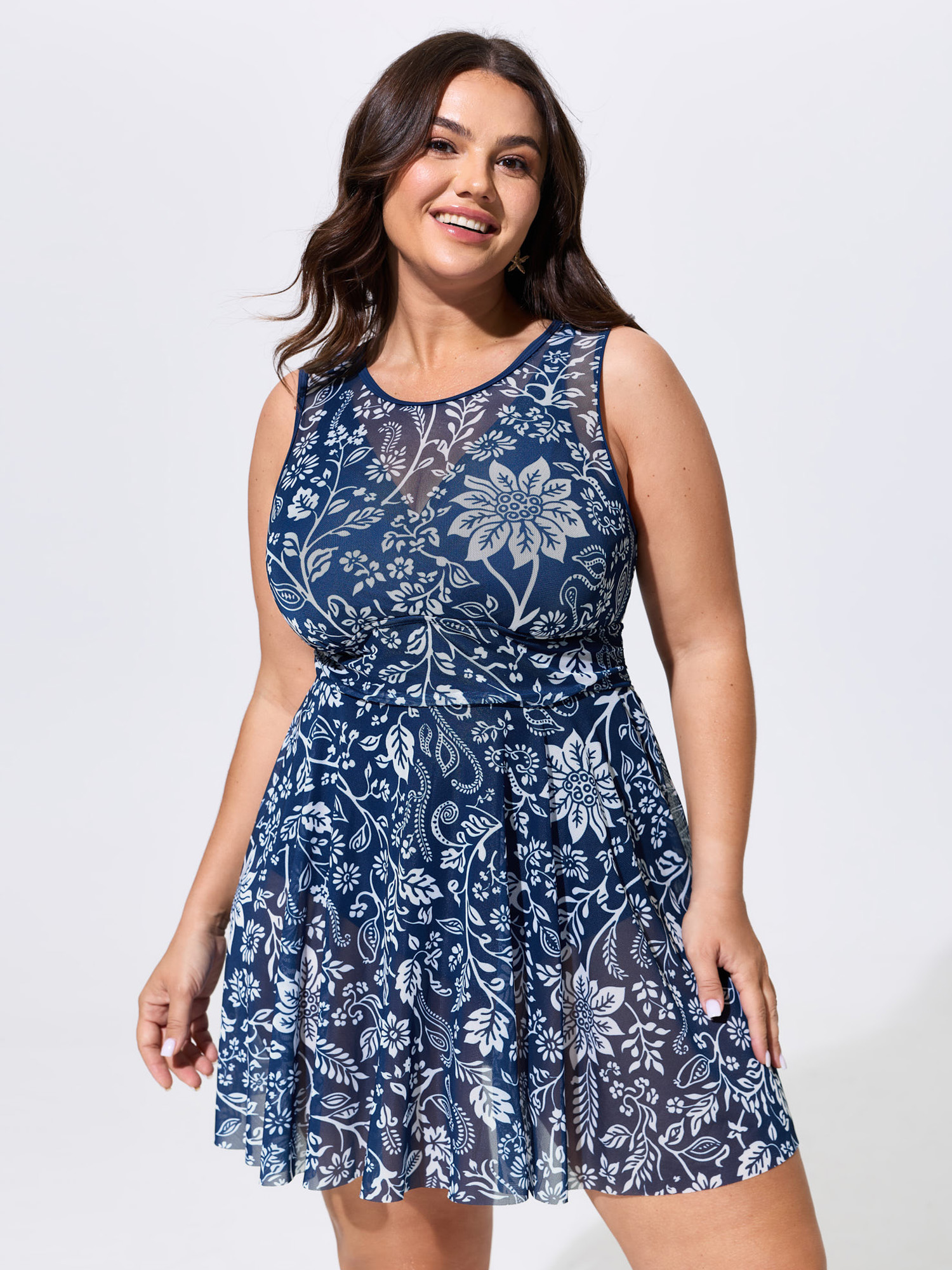 BloomChic Women's Plus Size Floral Paisley Print Sheer Swim Dress Indigo Floral Mesh Panel Adjustable Straps 10/M
