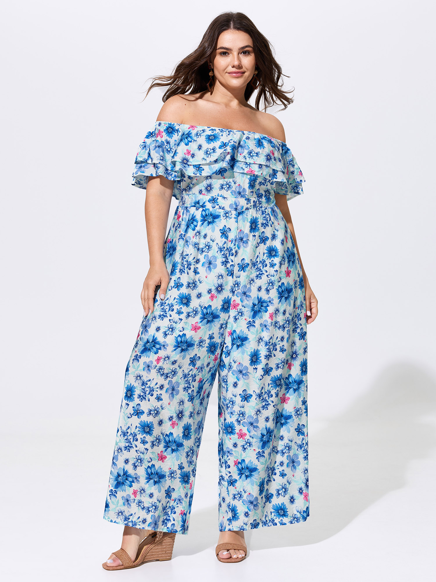 BloomChic Women's Plus Size Supersoft Floral Print Off-Shoulder Breezy Jumpsuit Skyblue Vacation 14-16/1X-image-48402261934250