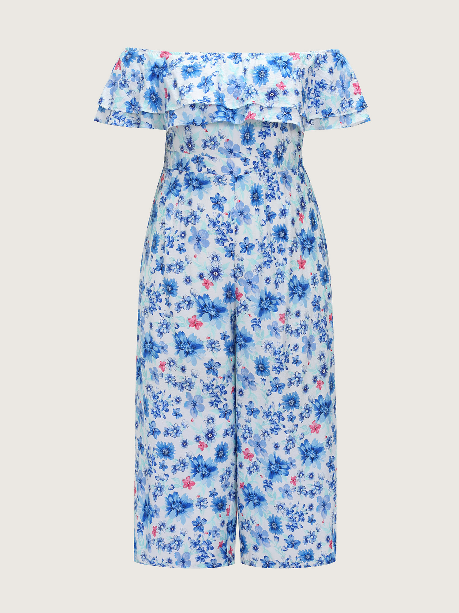 Side view of BloomChic Women's Plus Size Supersoft Floral Print Off-Shoulder Breezy Jumpsuit Skyblue Vacation 22-24/3X