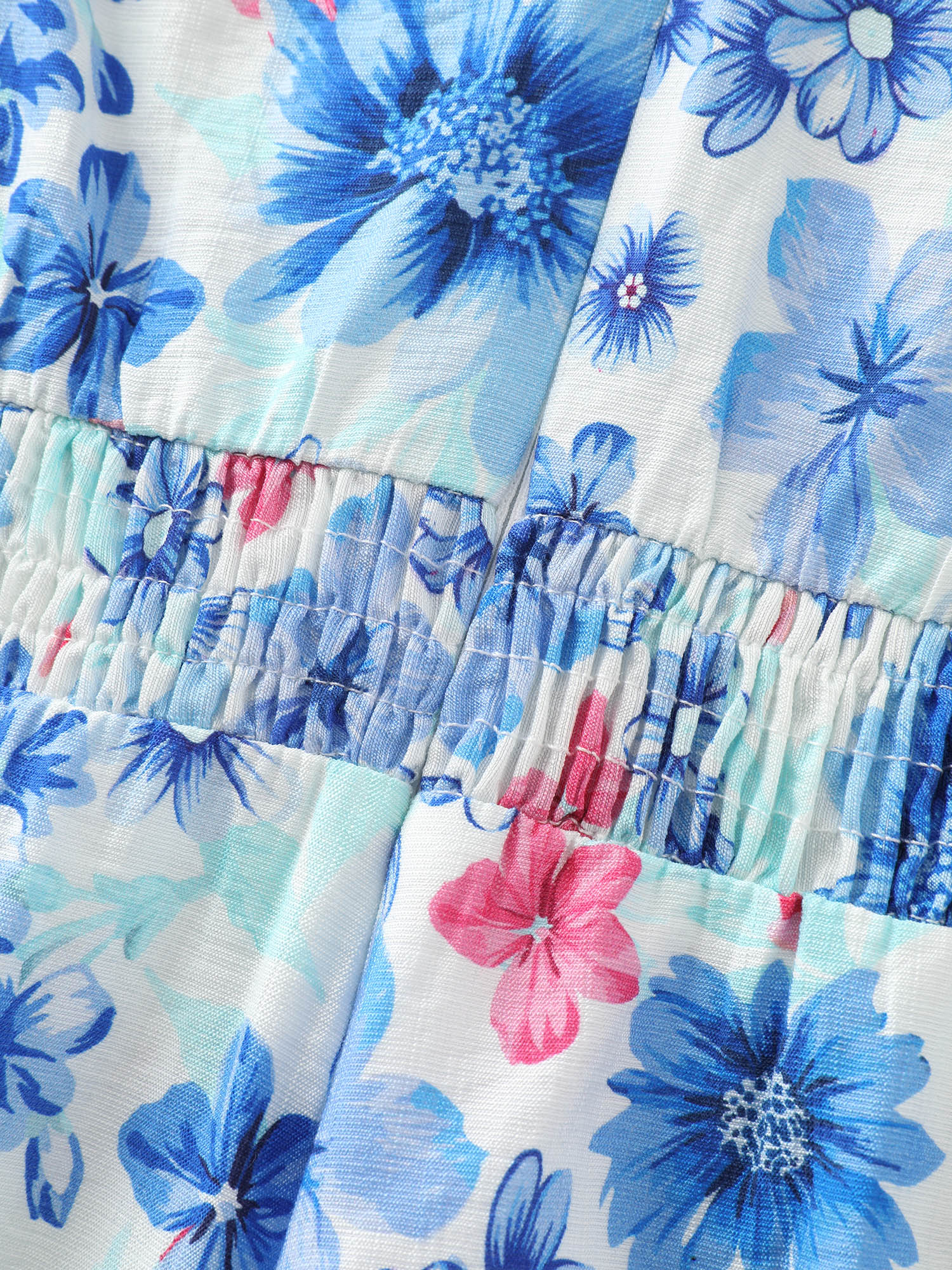 Side view of BloomChic Women's Plus Size Supersoft Floral Print Off-Shoulder Breezy Jumpsuit Skyblue Vacation 22-24/3X