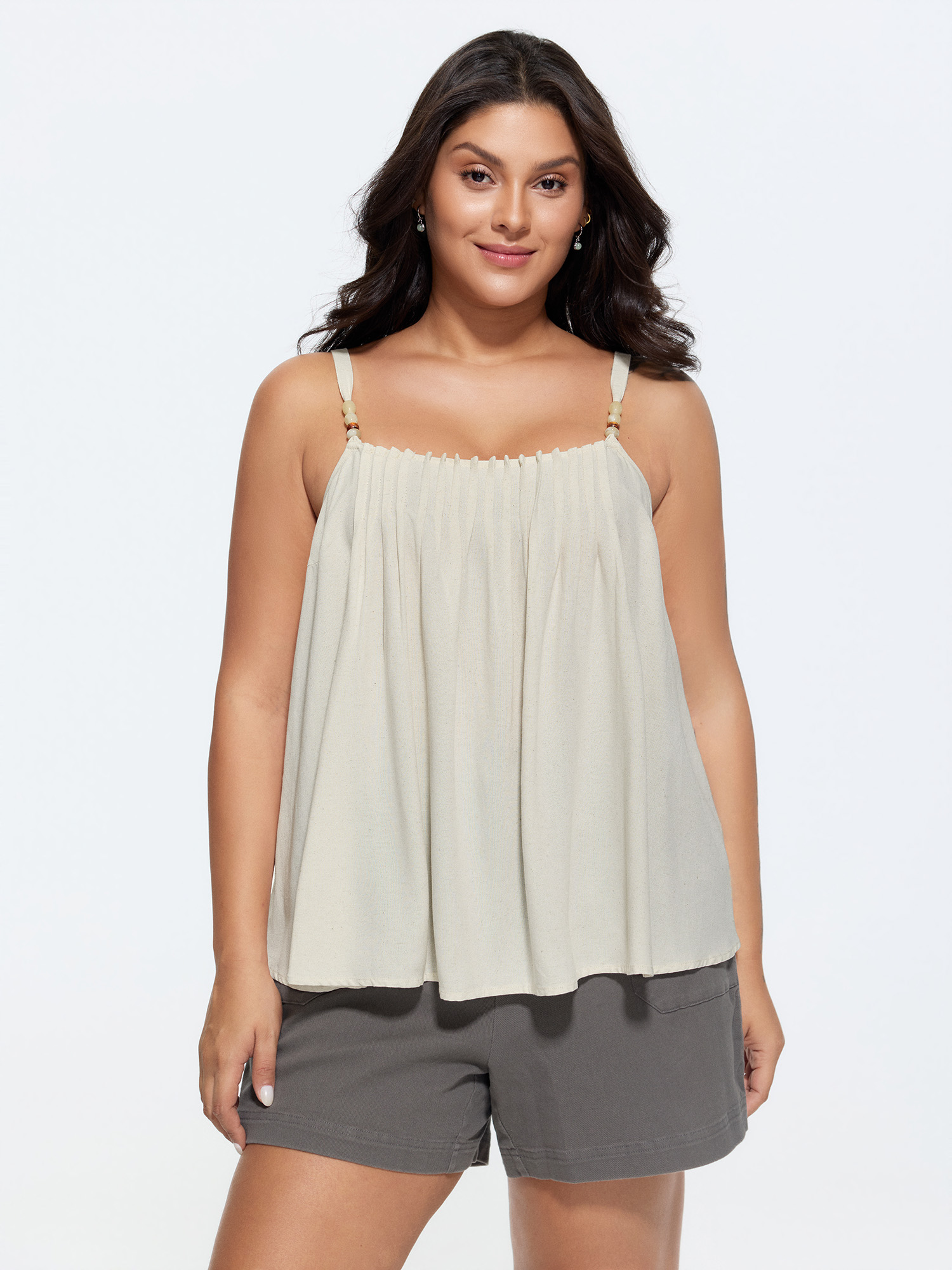 BloomChic Women's Plus Size Linen Blend Beaded Pleated Flowy Plain Tank Top Beige Everyday-Casual A-line Square Neck 30/6X