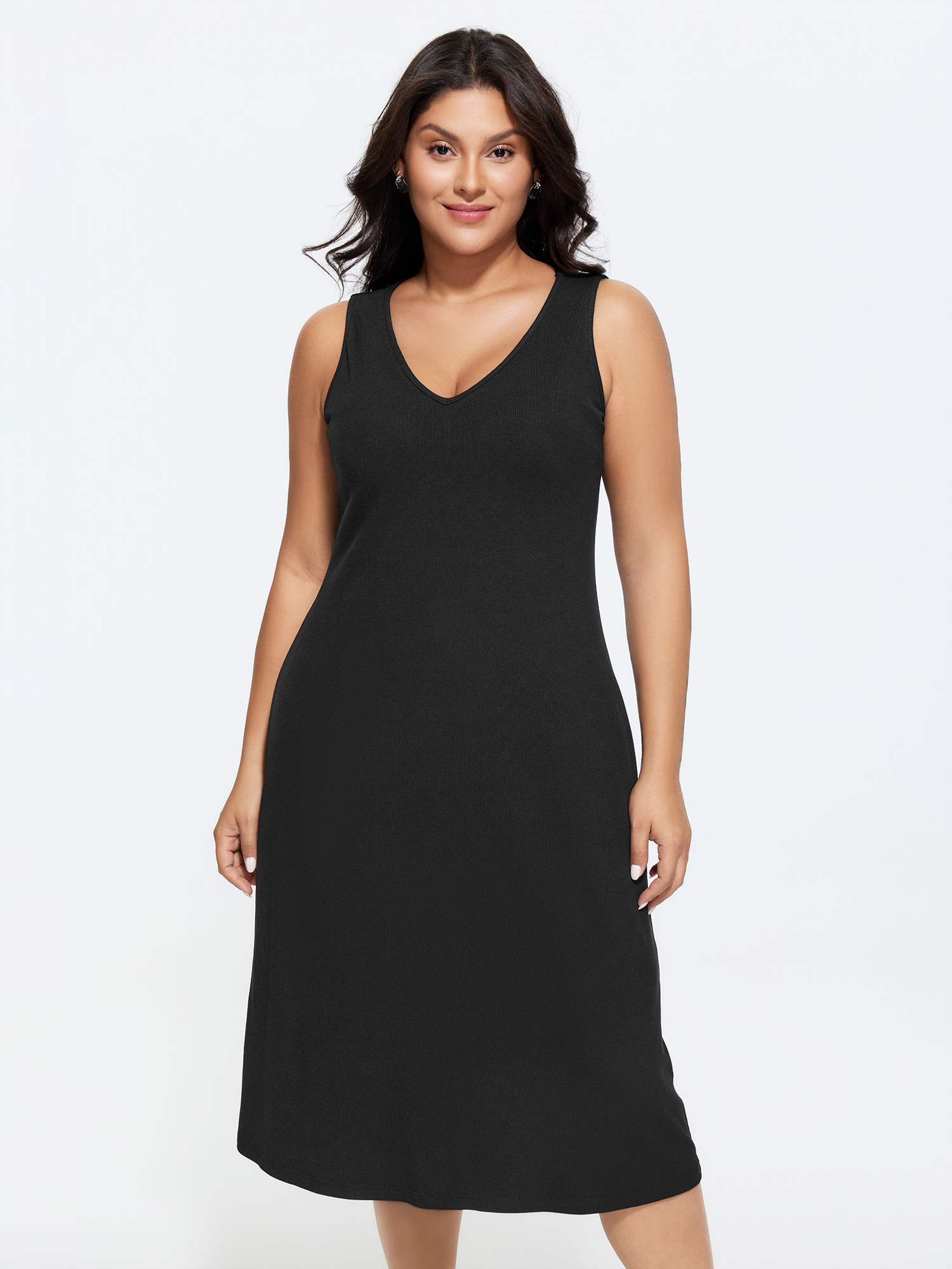 BloomChic Women's Plus Size Supersoft Supported Bra Stretchy V-Neck Plain Midi Dress Black Everyday-Casual Midi Non Deep V-Neck 30/6X