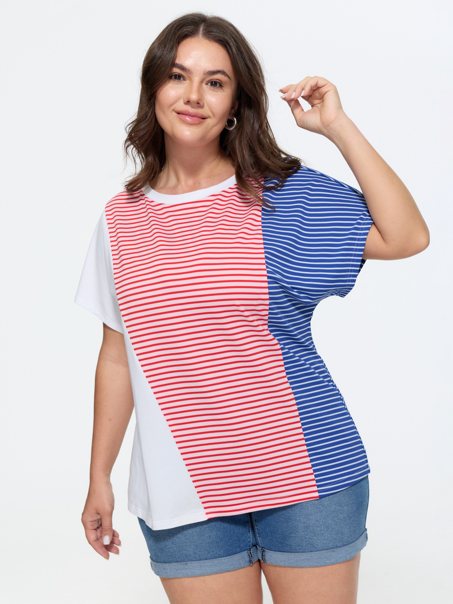 BloomChic Women's Plus Size Cotton Colorful Striped Print Long T-Shirt Brightred Stripes Everyday-Casual Short sleeve Round Neck 10/M