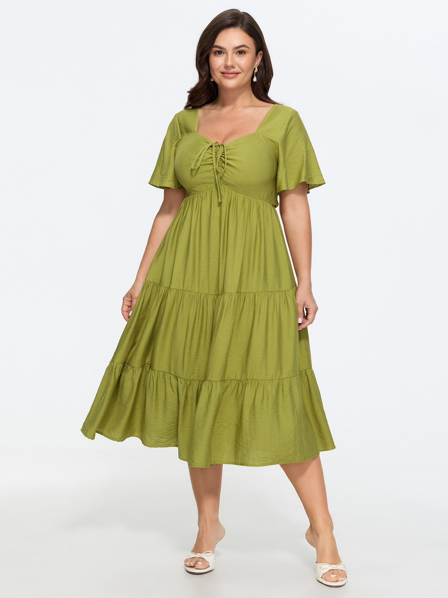 BloomChic Women's Plus Size Sweetheart Drawstring Pocket Tiered Dress Moss Solid Tunic Elegant Lace-Up 22-24/3X