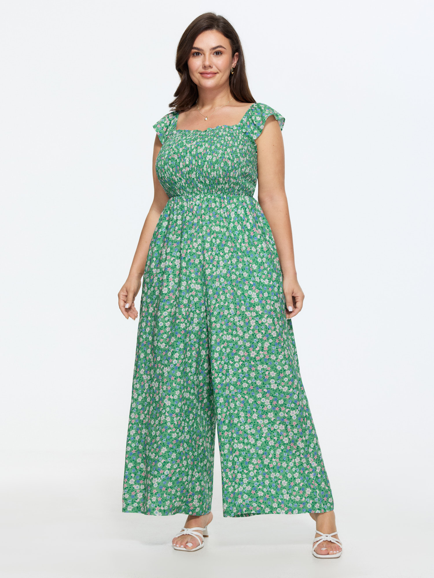 BloomChic Women's Plus Size Floral Print Ruffled Straps Jumpsuit Greenbean Elegant 10/M-image-48410073530538