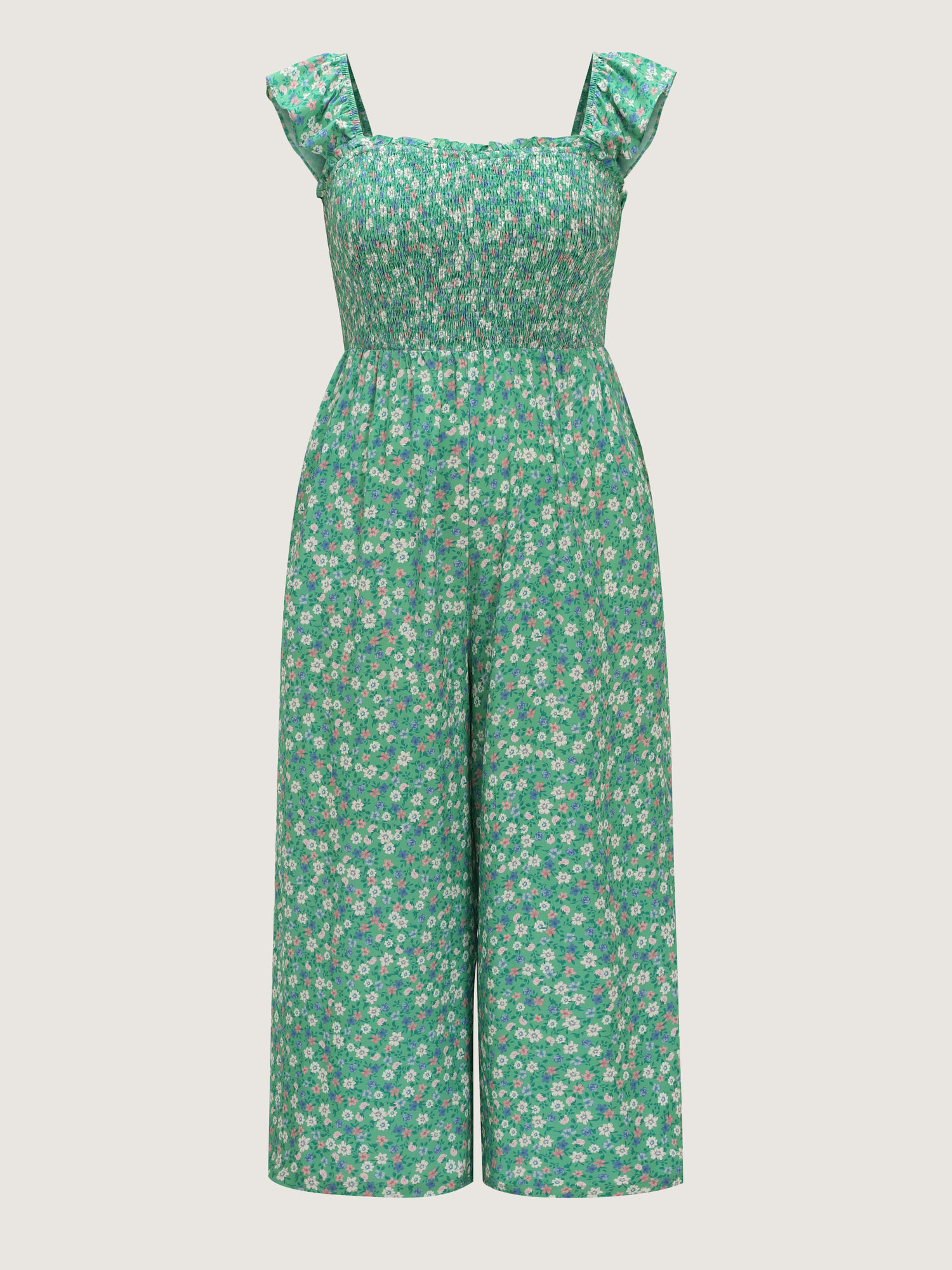 Side view of BloomChic Women's Plus Size Floral Print Ruffled Straps Jumpsuit Greenbean Elegant 18-20/2X