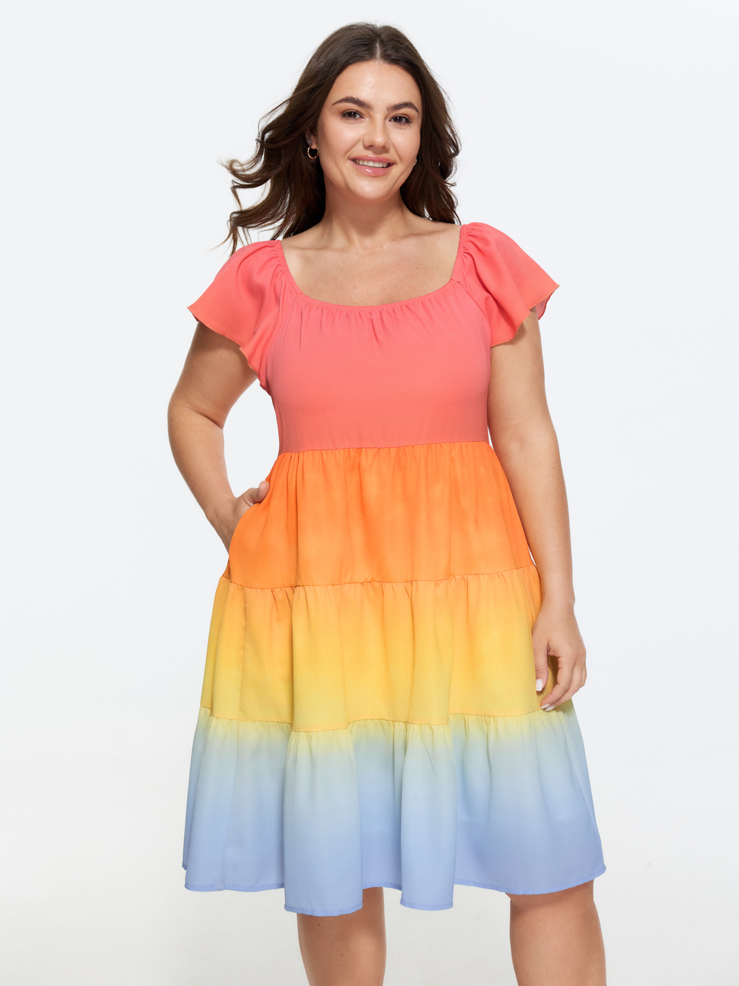 BloomChic Women's Plus Size Color Contrast Tiered Pockets Mini Dress Multicolor Ombre Mini Everyday-Casual Tiered 18-20/2X