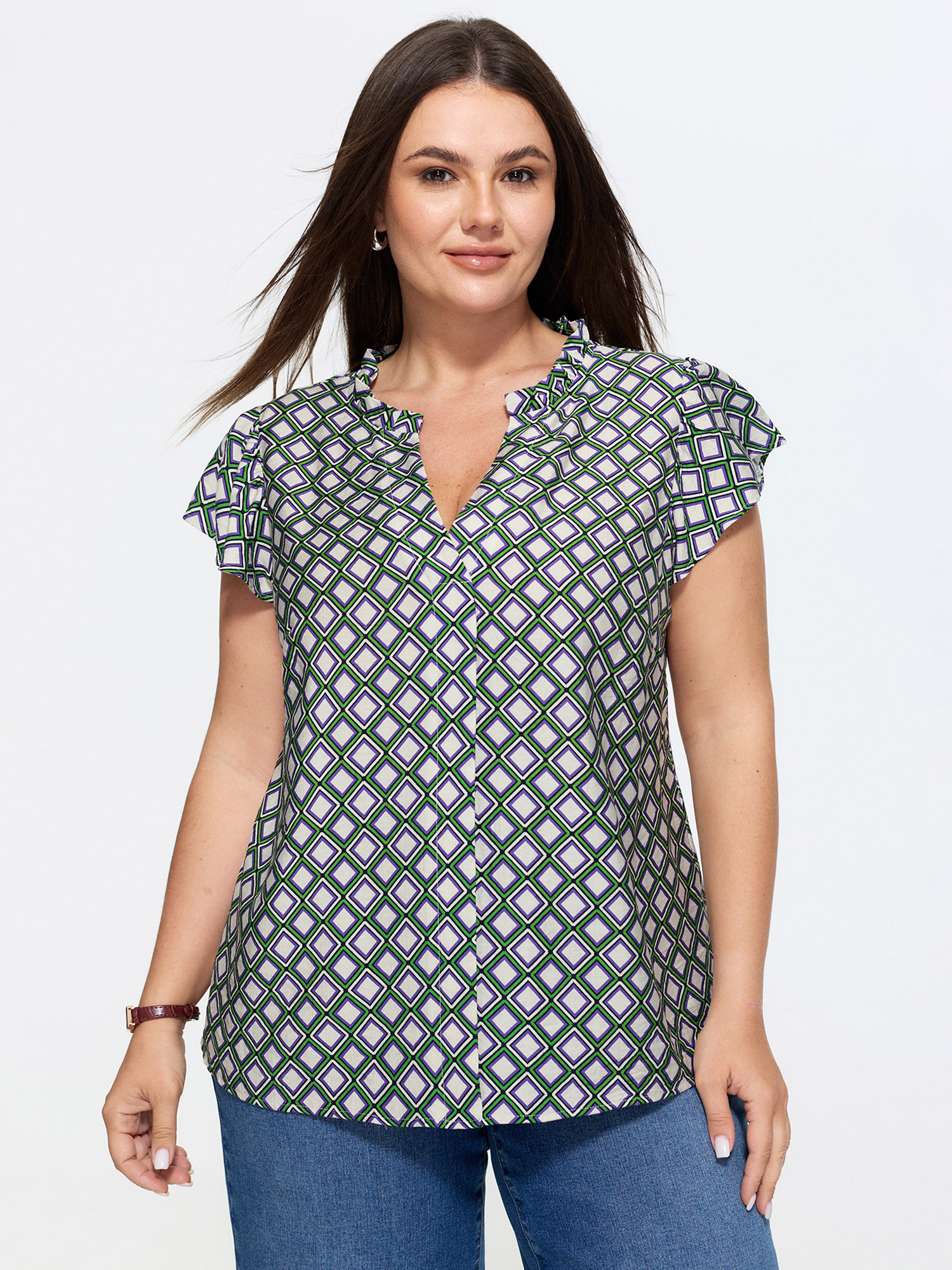 BloomChic Women's Plus Size Geo Print Notched Collar Blouse Multicolor Geometric Office Cap Sleeve V-Notch Neck 10/M