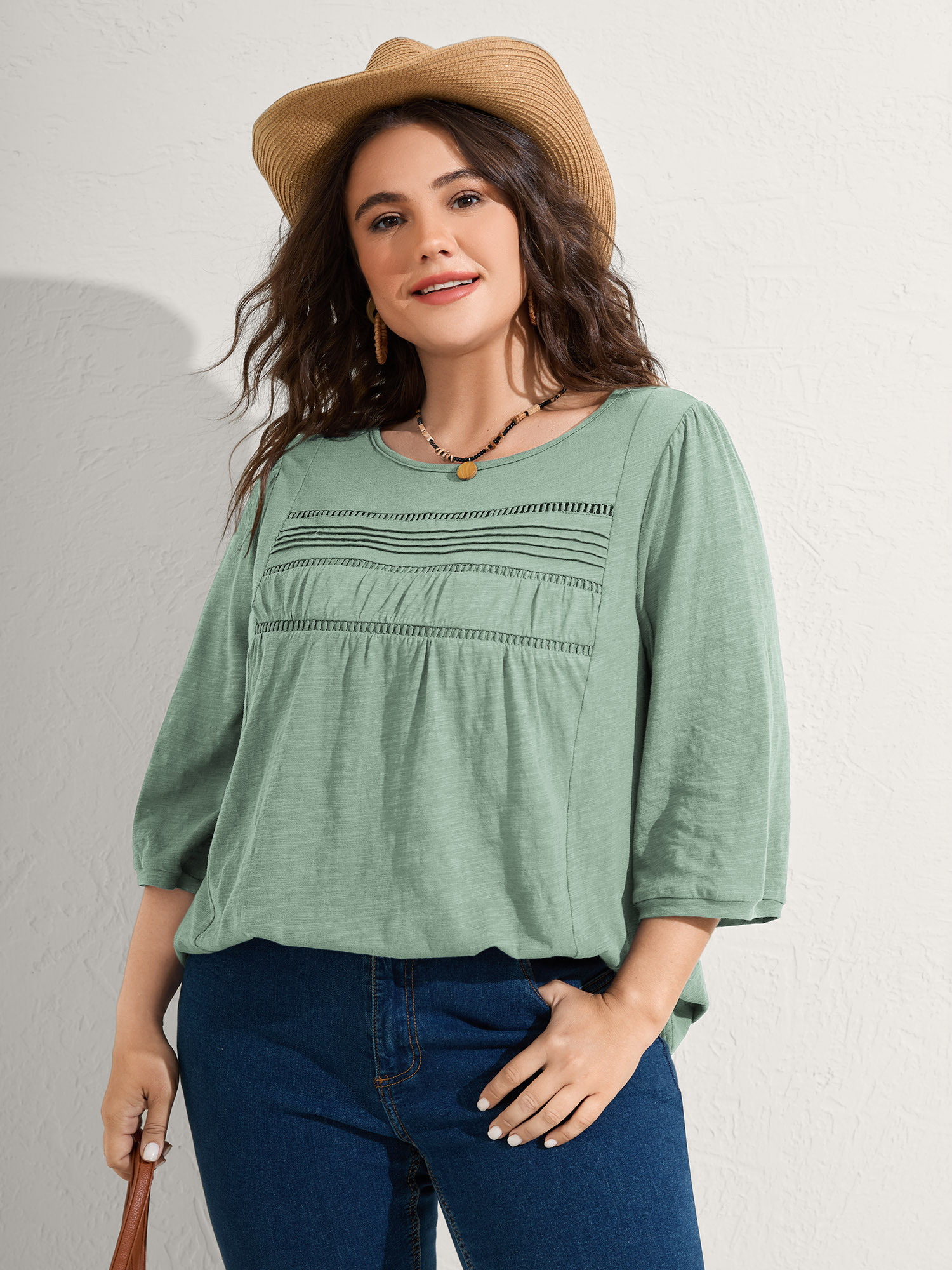 BloomChic Women's Plus Size Cotton Lace Spliced Plain Knit Top Greenbean 3/4 Sleeve Vacation Round Neck 10/M