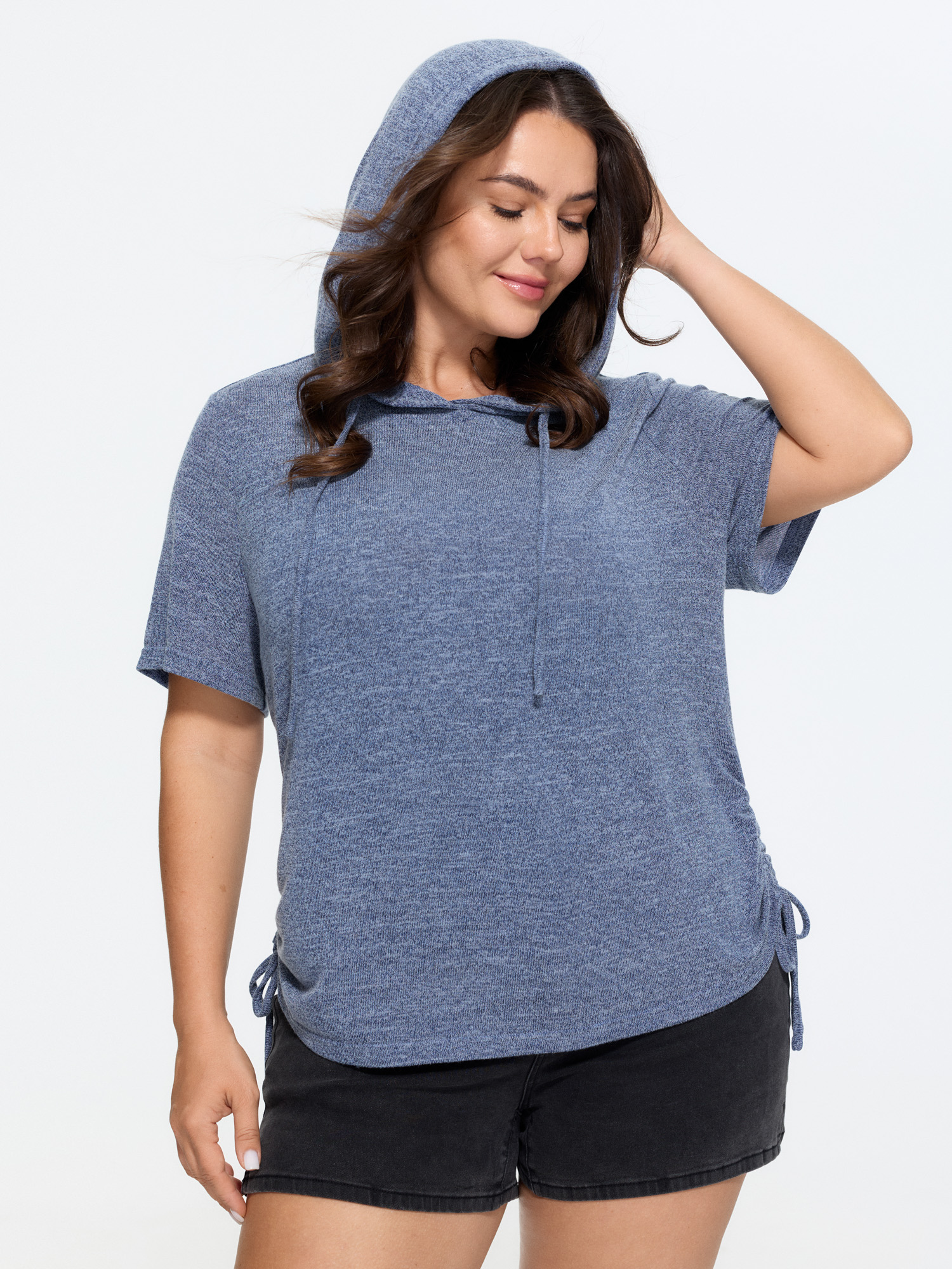 BloomChic Women's Plus Size Stretchy Hooded Drawstring Adjustable T-Shirt Stone Solid Everyday-Casual Short sleeve Hooded Neck 10/M