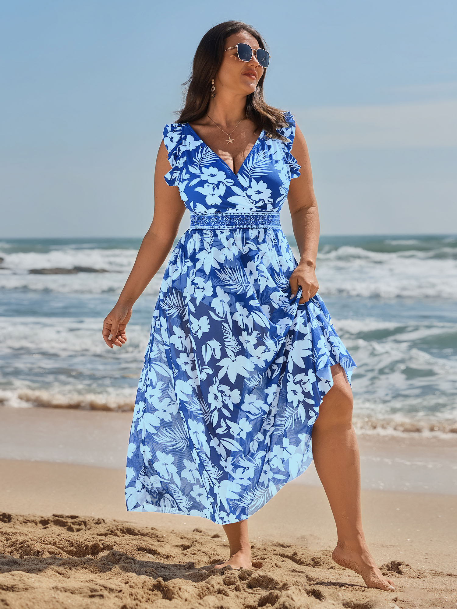 BloomChic Women's Plus Size Sarong Set Tropical Print One-Piece Swim Mediumblue Tropical Ruffles Contoured Hip Fit 10/M