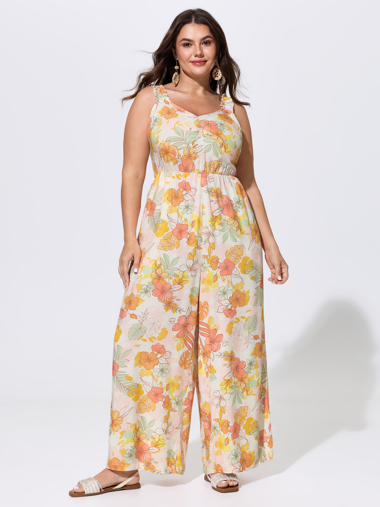 Side view of BloomChic Women's Plus Size Floral Print Bow-Tie Back Jumpsuit Multicolor Vacation 28/5X