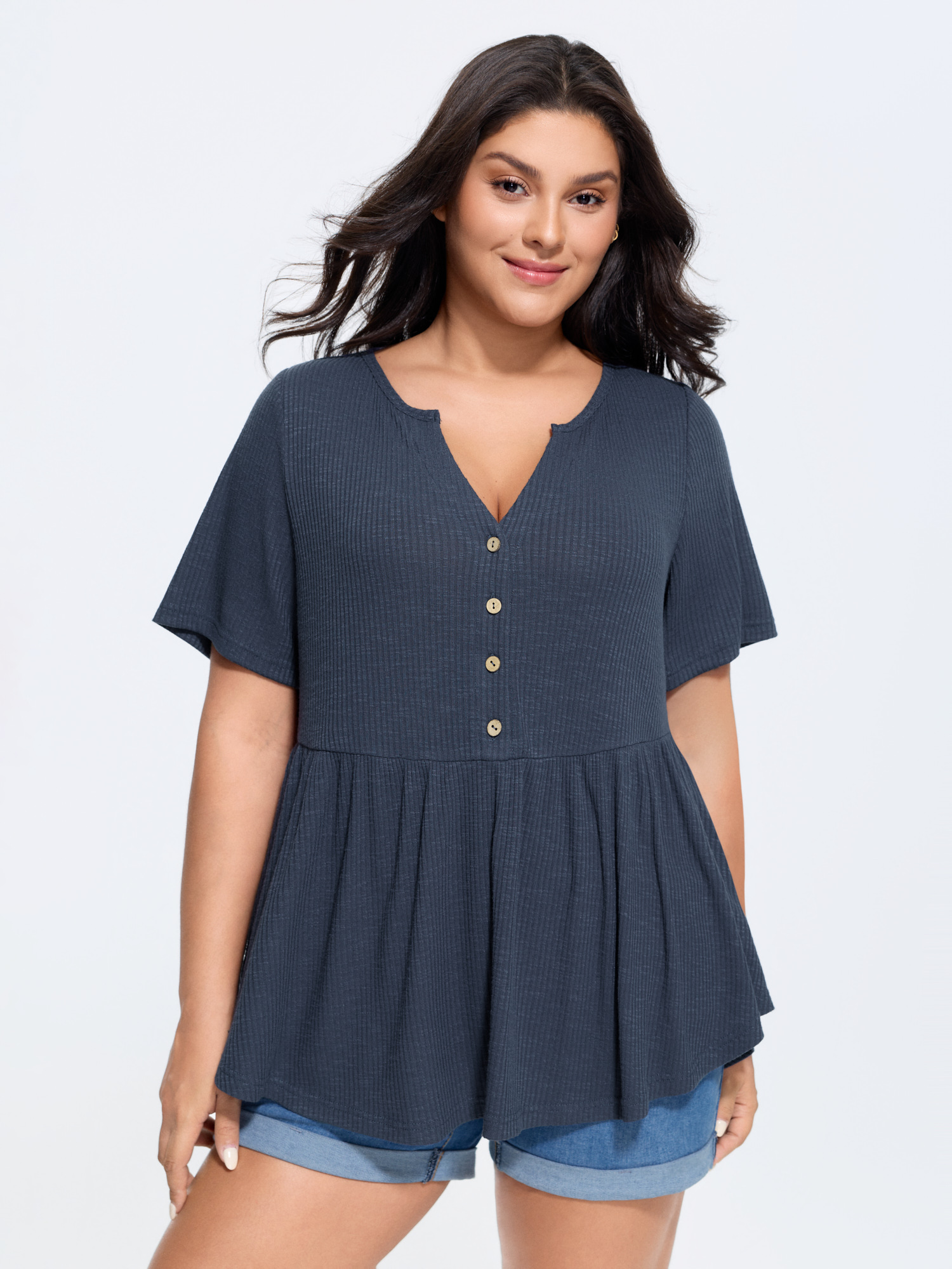 BloomChic Women's Plus Size Stretchy Notched Collar Button Detail Knit Top Indigo Short sleeve Everyday-Casual Deep V-Neck 10/M
