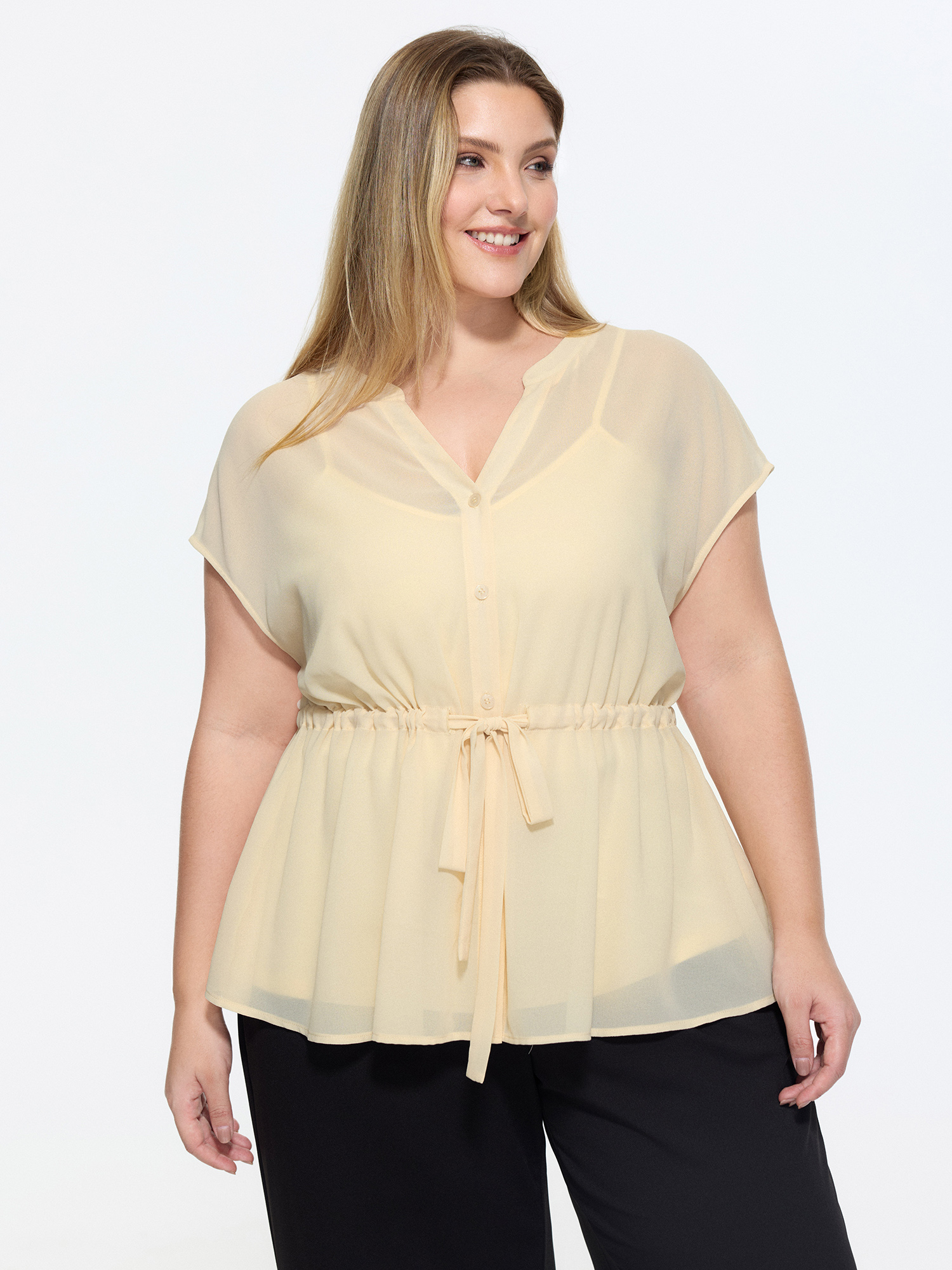 BloomChic Women's Plus Size Sheer Drawstring Waist Notched Collar Blouse Apricot Solid Office Short sleeve V-Notch Neck 10/M