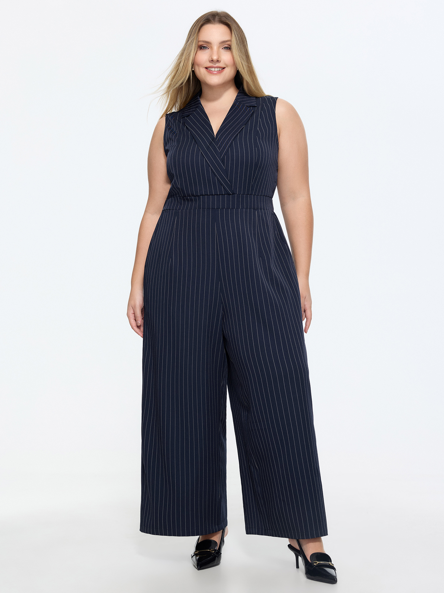 BloomChic Women's Plus Size Striped Print Collared Sleeveless Jumpsuit Indigo Office Fitted 30/6X-image-48416743227562