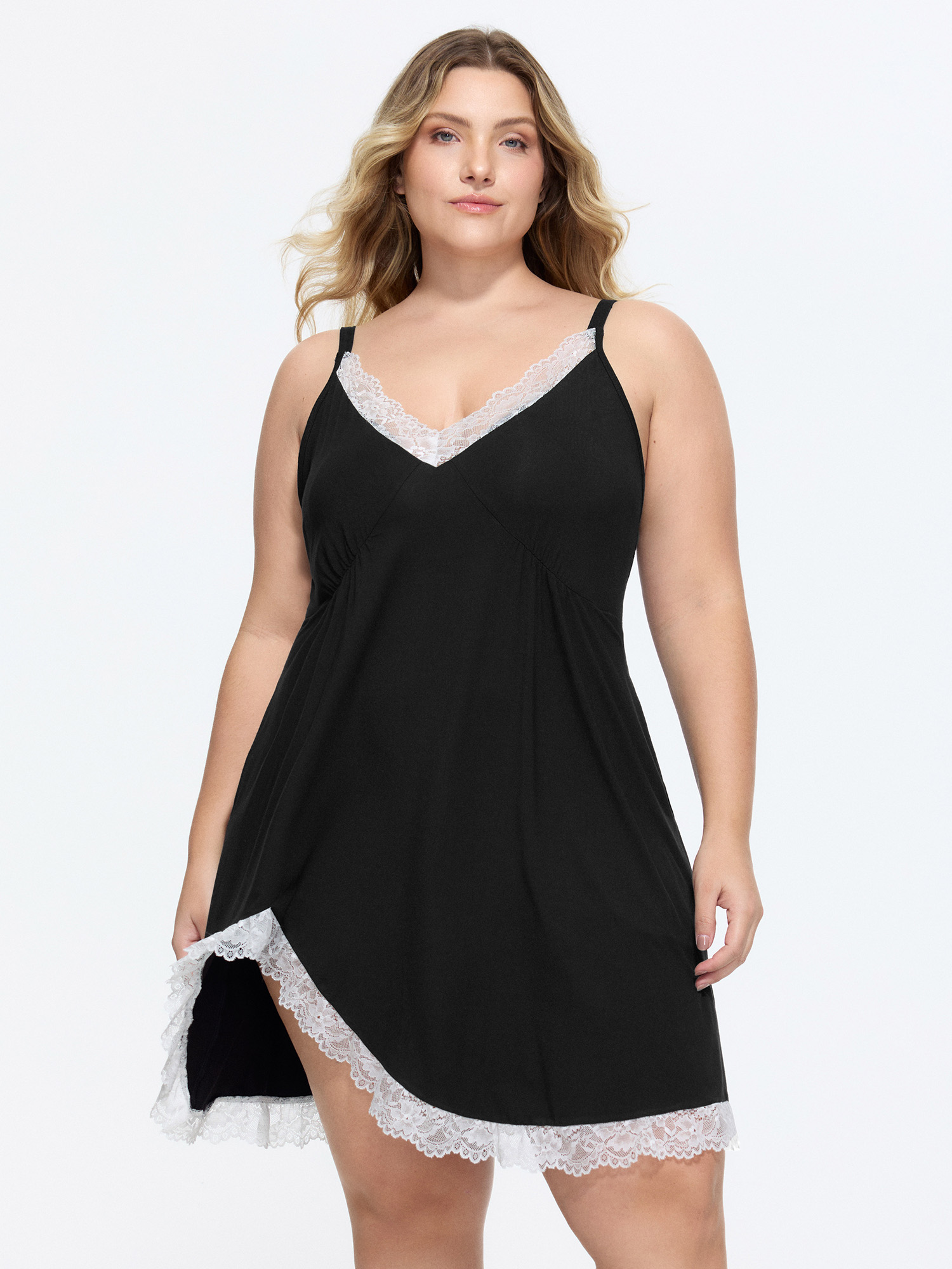 BloomChic Women's Plus Size Supersoft Stretchy Lace Color Contrast Night Gown Black Sleeveless Mini Deep V-Neck 22-24/3X-image-48416721535146