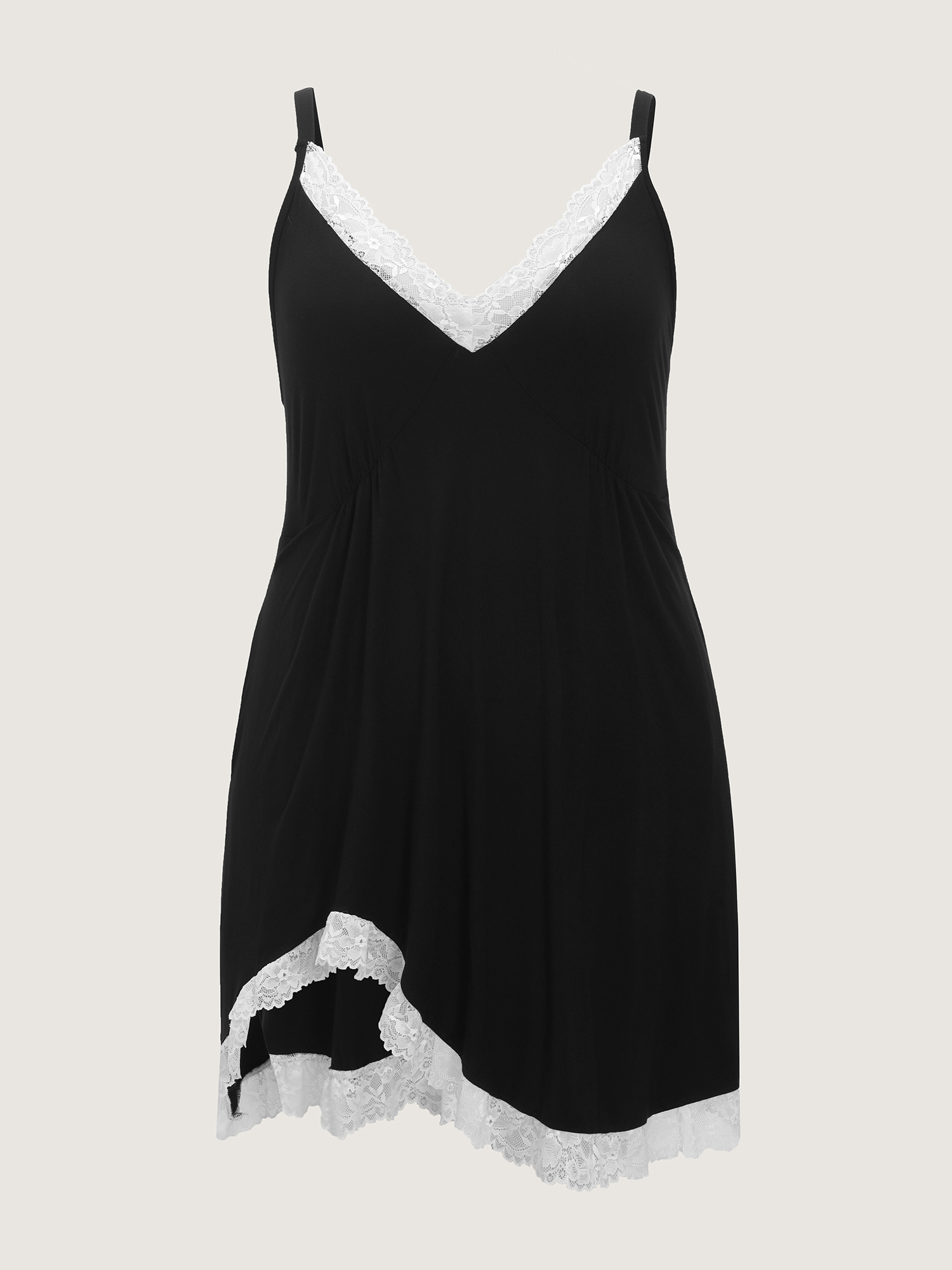 Side view of BloomChic Women's Plus Size Supersoft Stretchy Lace Color Contrast Night Gown Black Sleeveless Mini Deep V-Neck 26/4X