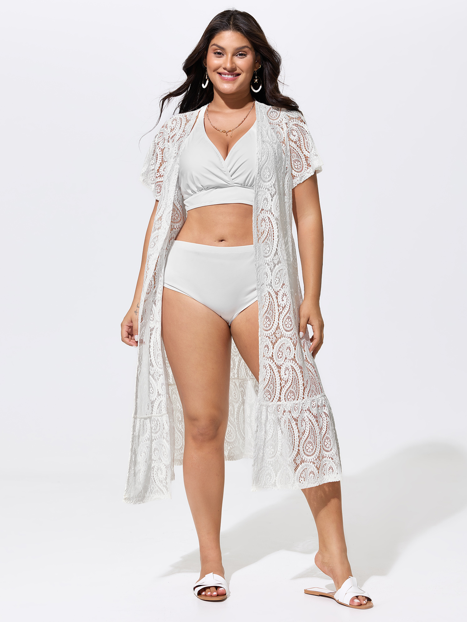 BloomChic Women's Plus Size Hollowed-Out Lace Kimono Originalwhite Lace Trim Straight fit 14-16/1X