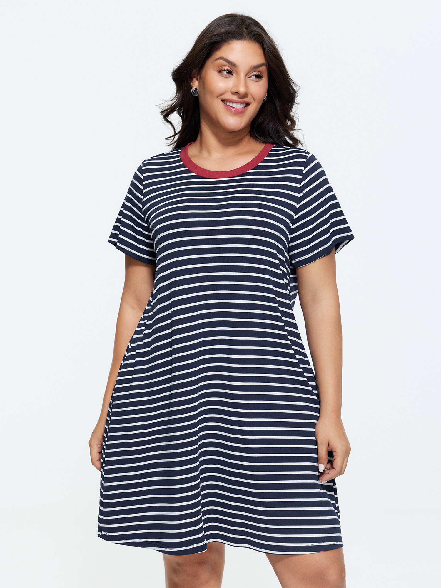BloomChic Plus Size Striped Print Color Contrast T-Shirt Mini Dress - Curve Ladies Indigo Leisure Short sleeve Stripes Hidden Pocket Daily Dresses 22-24/2X