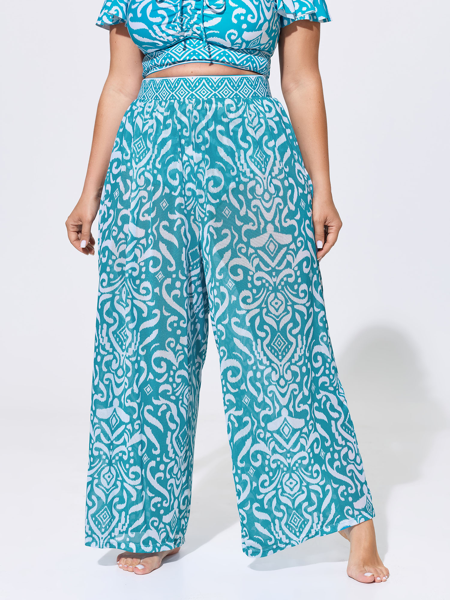 BloomChic Women's Plus Size Sarong Set Ikat Print Sheer Ruched Swim Bottoms Skyblue Ripple cropped Non Elastic Waist 26/4X