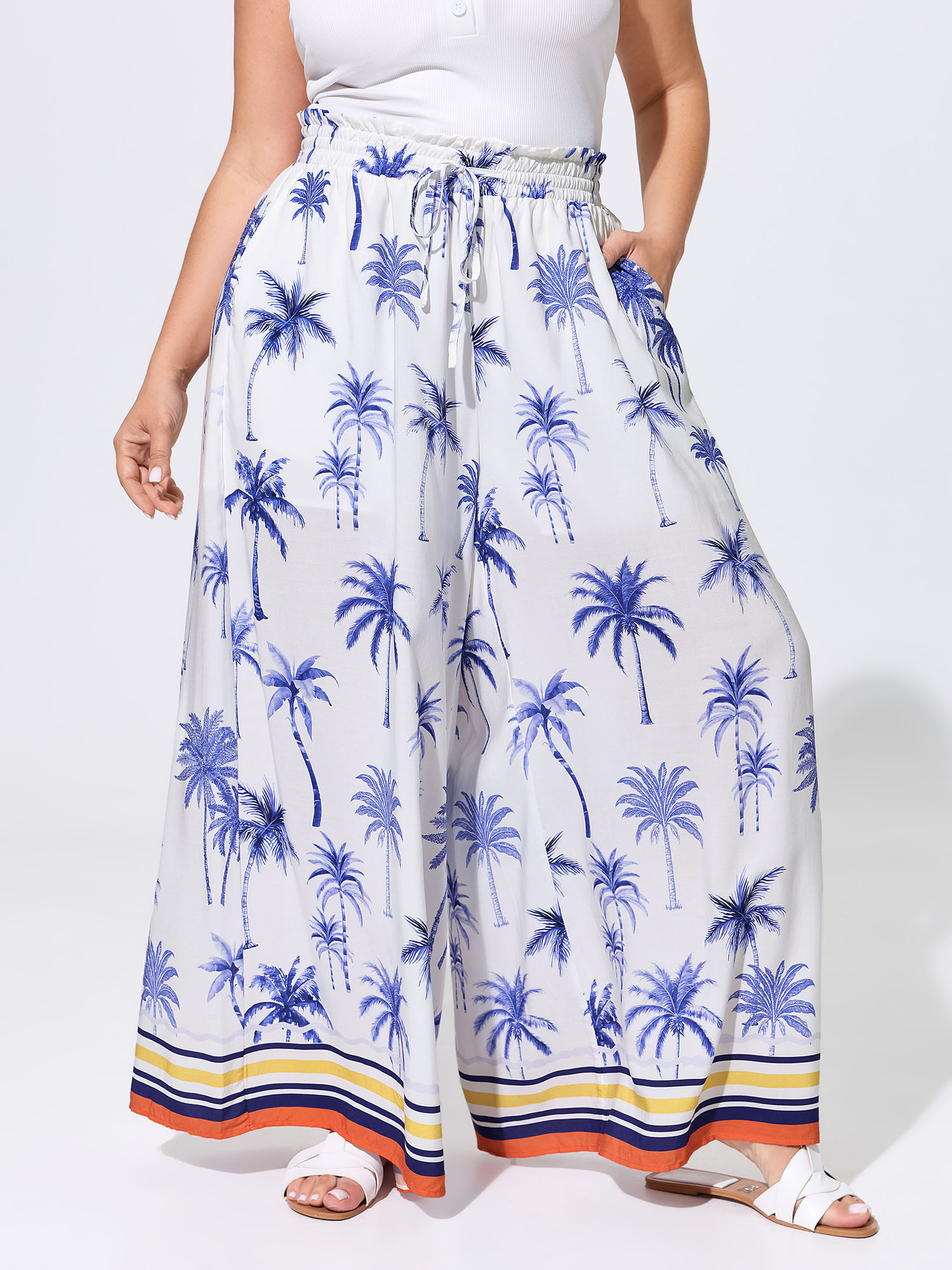 BloomChic Women's Plus Size Palm Tree Print Wide Shirred Waistband Pants Multicolor Tropical Wide leg Mid Rise 10/M