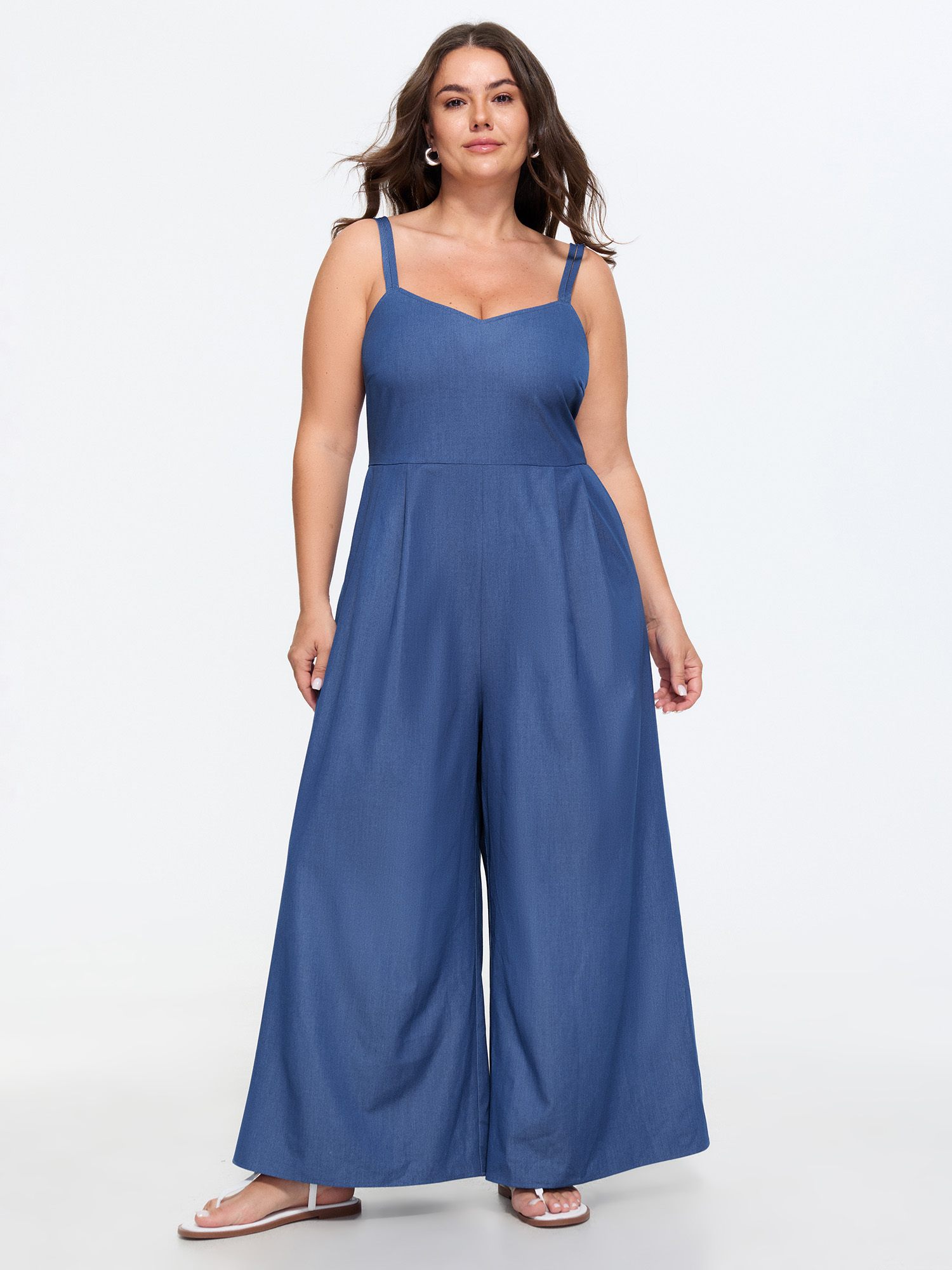 BloomChic Women's Plus Size Supersoft Pleated Sleeveless Faux Denim Jumpsuit Mediumblue Casual 12/L-image-48416741851306