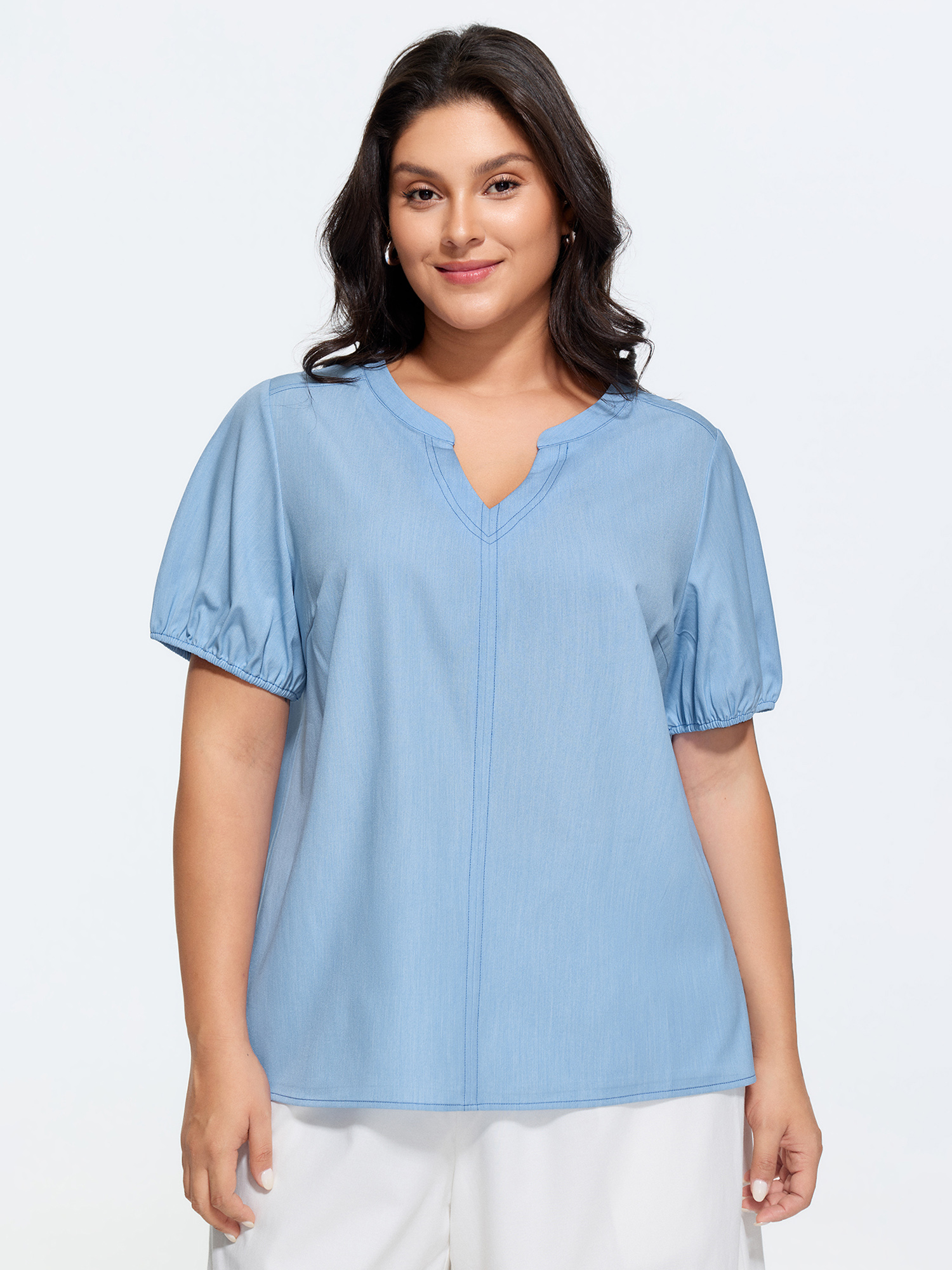 BloomChic Women's Plus Size Supersoft Puffy Sleeve Notched Collar Plain Faux Denim Blouse Denimlightblue Solid Everyday-Casual Short sleeve V-Notch Neck 10/M
