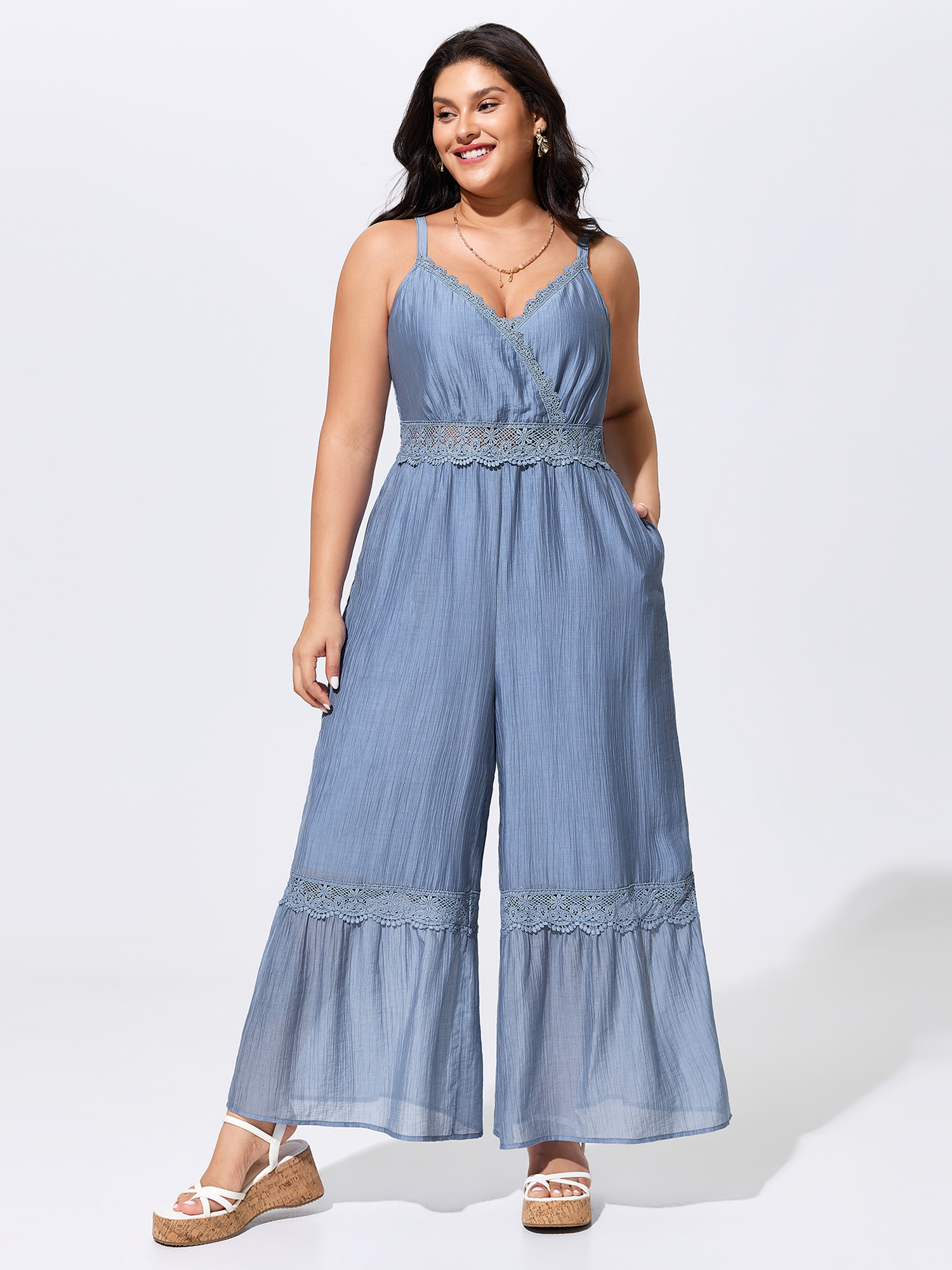 BloomChic Women's Plus Size Shirred Lace Detail Wide-Leg Jumpsuit Stone Vacation Fitted 26/4X-image-48416744603818